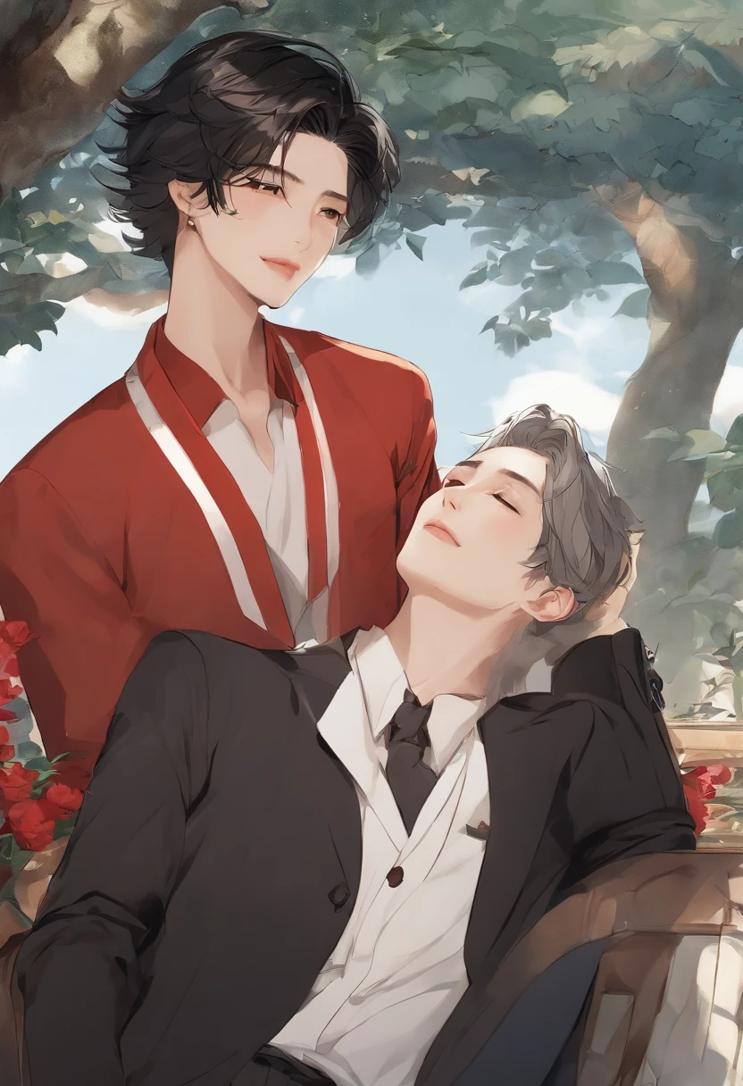 masterpiece、top-quality、ultra-detailliert、Official art、Beautifully Aesthetic、2boys(1.5)、a handsome、broad shoulder、close up of face、((Black chin hair))、portlate、slight blush on the cheeks、A slight smil、Look at viewers、Casual Suit、Brown and black hair、glitch art:1.5、colourfull:1.5、watercolor paiting、In the topic "Sincerely: By Shinkai Makoto", Miyazaki style, 32K,ukiyoe painting