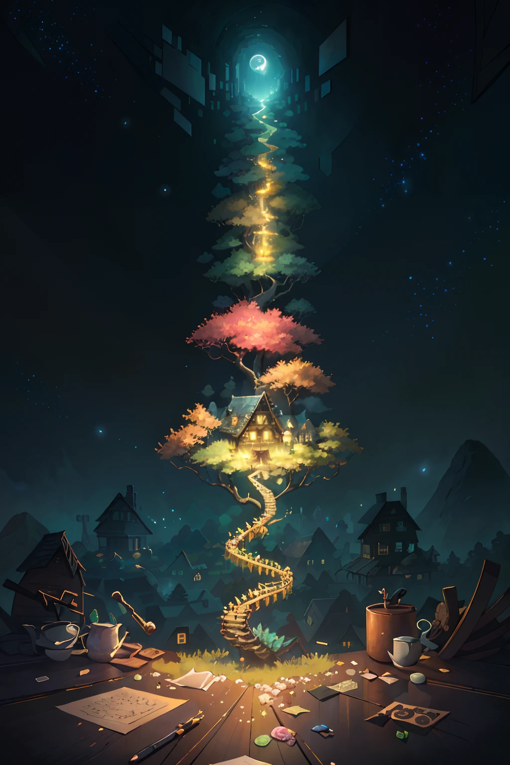 Original，（illustratio：1.1），（best qualtiy），（tmasterpiece：1.1），（the Extremely Detailed CG Unity 8K Wallpapers），（a color：1.2），dead tree，nigth，Letter bees，scenecy，rios|Wagas，glowworm