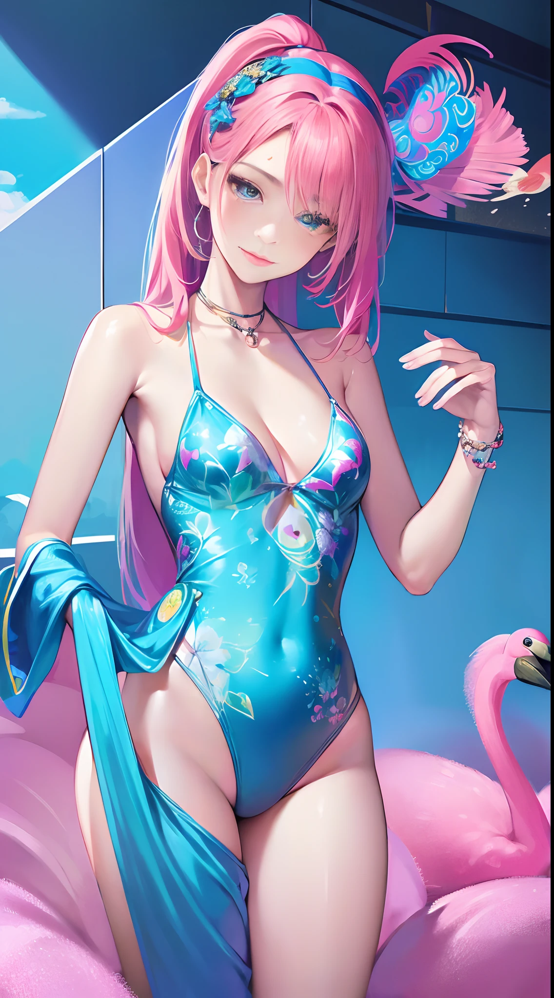 ((masutepiece, of the highest quality, super definition, High Definition)), Solo, Beautiful Girl, Shining eyes, Perfect eyes, ************, Peacock blue color wall、Background with, Flamingo Pink Swimsuit Girl、