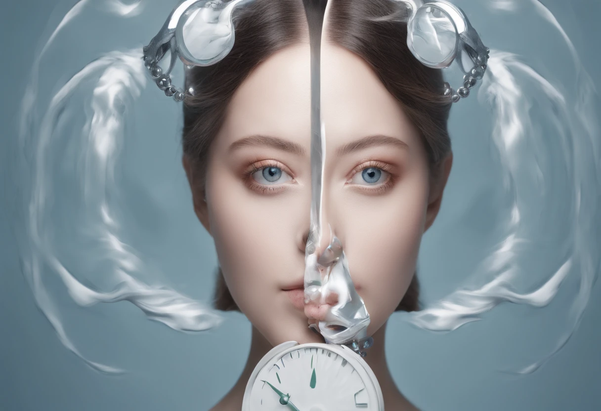A feeling of health and vitality, long and flowing hair, Lock the eyes in the camera, eye shadows, Eye symmetry, Symmetrical face, Photo surrealist, photography of, Path layout, mirror lighting, Stereoscopic face light,