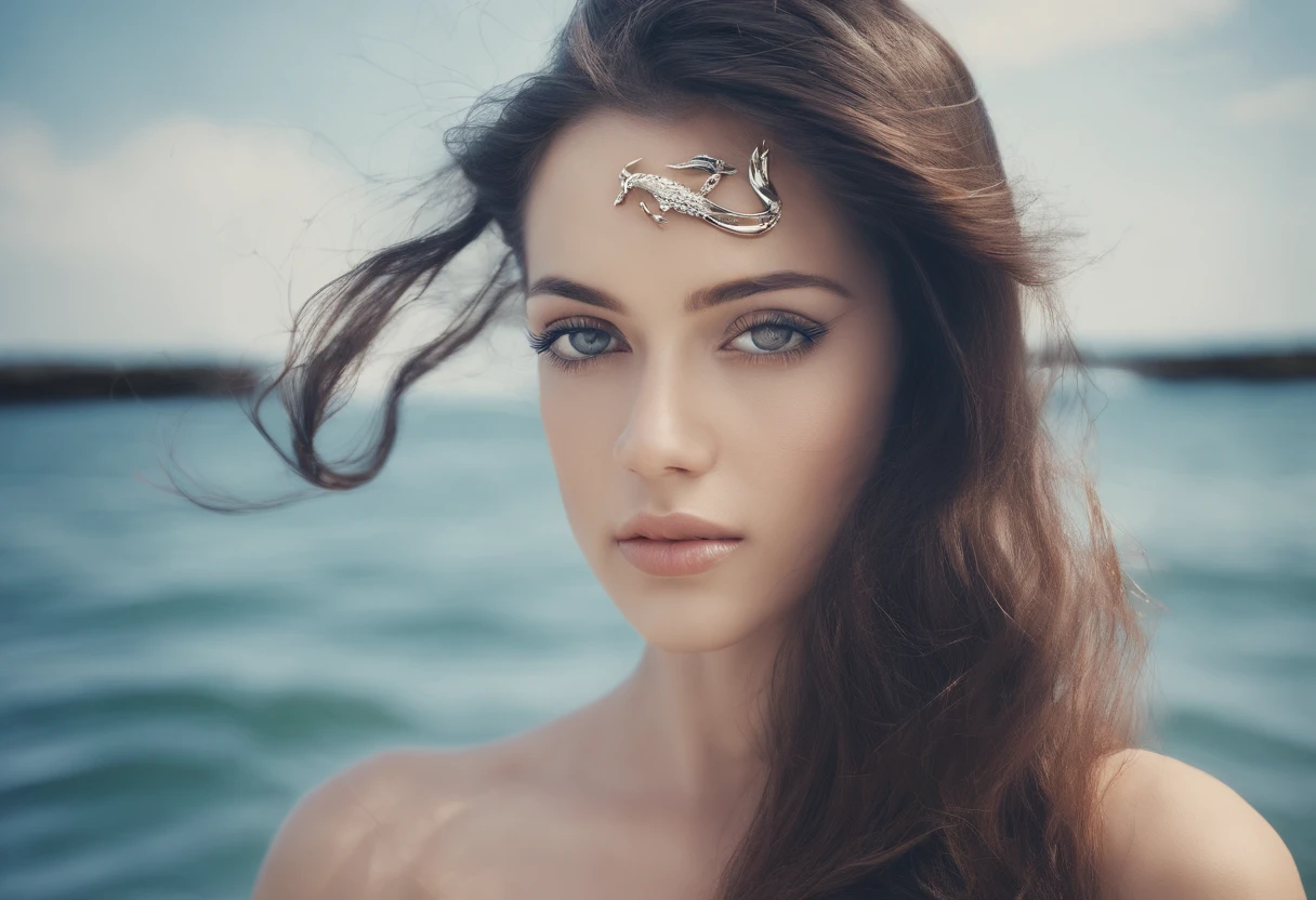 A feeling of health and vitality, long and flowing hair, Lock the eyes in the camera, eye shadows, Eye symmetry, Symmetrical face, Photo surrealist, photography of, Path layout, mirror lighting, Stereoscopic face light,