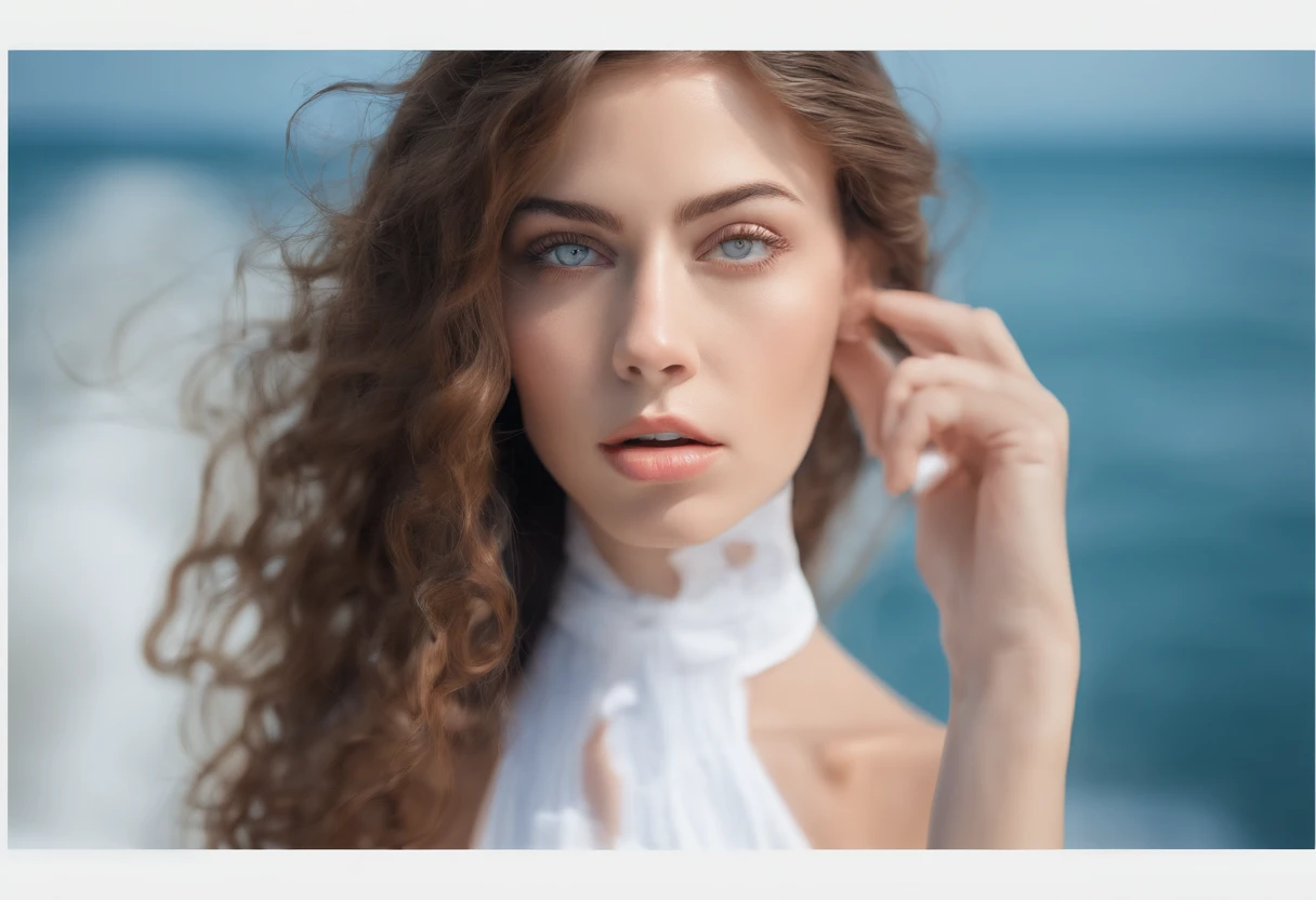 A feeling of health and vitality, long and flowing hair, Lock the eyes in the camera, eye shadows, Eye symmetry, Symmetrical face, Photo surrealist, photography of, Path layout, mirror lighting, Stereoscopic face light,