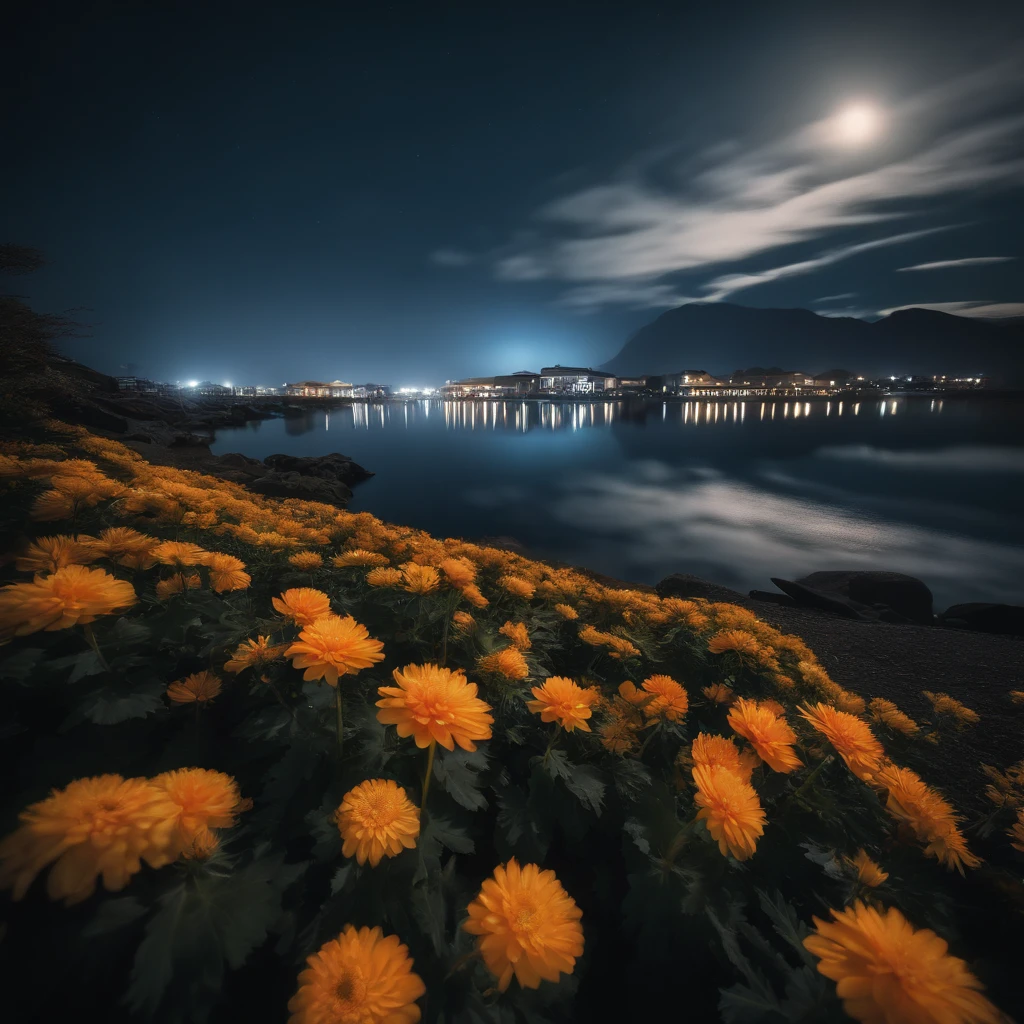 8K, Ultra-fine, Wide-angle lens expression, (nigh sky:1.5),(masutepiece), (Best Quality, High quality:1.4),{Photorealistic},Realistic,Hyper realistic,Perfect ???????,ultra-detailliert,perfect design,Ultra-detailed construction,No humans,nostalgia,nigh sky,Water, Blooming Japan chrysanthemums, Magical, Relax after a long day,Drone View, Easy Negative,negative_hand-neg, (worst quality, low-quality,The human,,Bad hands, watermarked, Username:1.2,monochromes,grayscales, poorly eyes,)