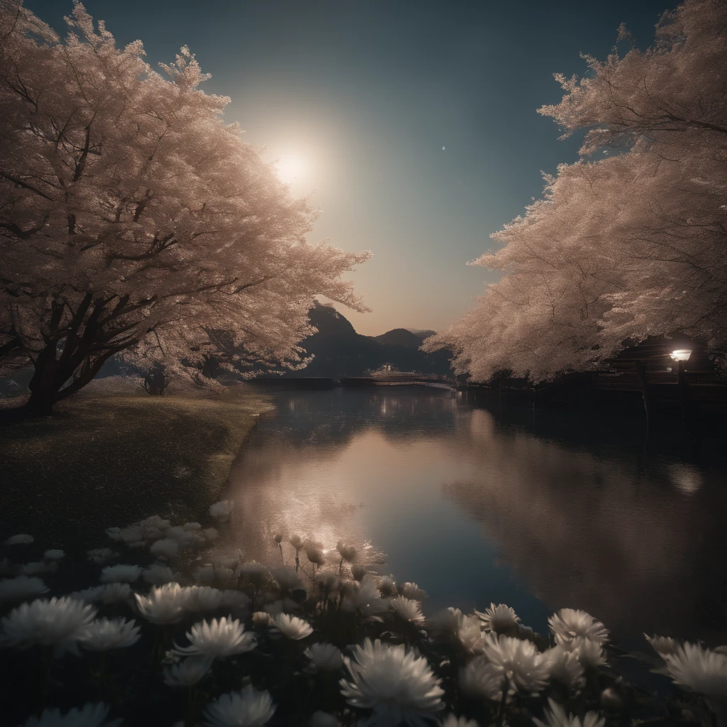 8K, Ultra-fine, Wide-angle lens expression, (nigh sky:1.5),(masutepiece), (Best Quality, High quality:1.4),{Photorealistic},Realistic,Hyper realistic,Perfect Anatomy,ultra-detailliert,perfect design,Ultra-detailed construction,No humans,nostalgia,nigh sky,Water, Blooming Japan chrysanthemums, Magical, Relax after a long day,Drone View, Easy Negative,negative_hand-neg, (worst quality, low-quality,The human,,Bad hands, watermarked, Username:1.2,monochromes,grayscales, poorly eyes,)