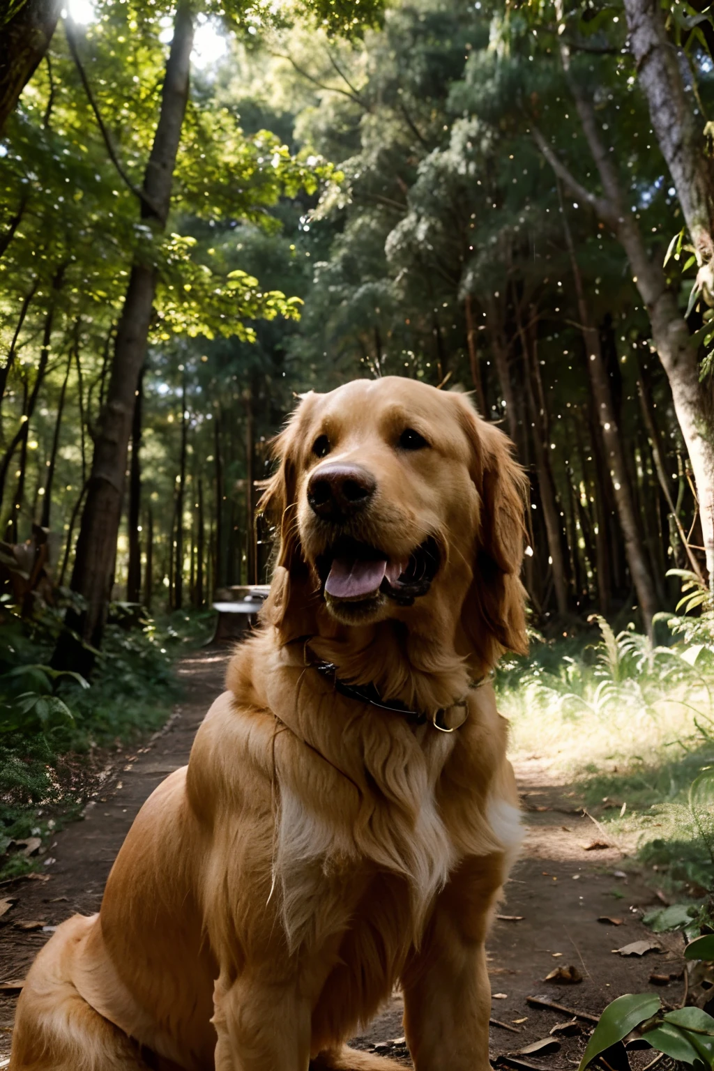 howard e um golden retrieve macho adulto feliz em um bosque