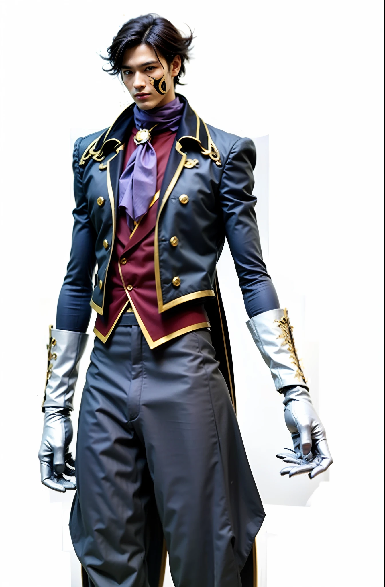 Japanese Male Character, cabelo azulado, Golden mask on the left side of the face, terno preto com detalhes dourados, camisa roxa com detalhes dourados, purple scarf, luvas brancas