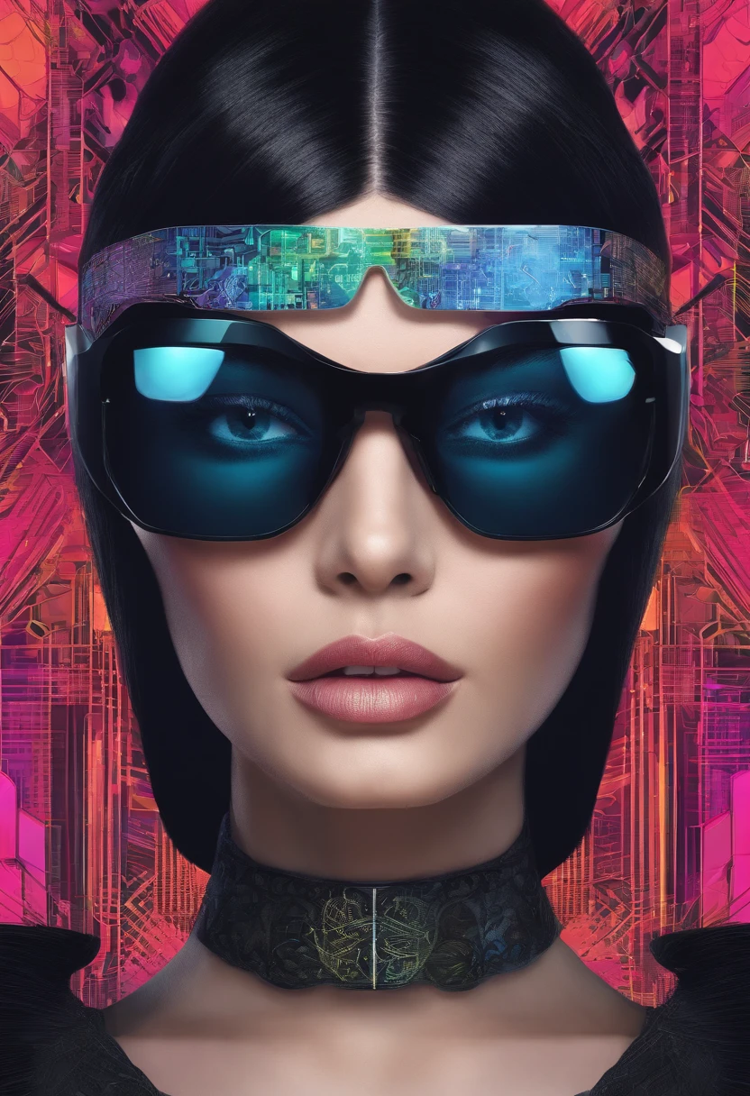 Attractive beautiful woman with black hair with gothic costume, Hyper-detailed eyes and use of high-tech sunglasses with holographic display  ,Gorgeous multidimensional geometric wall, Vibrant vivid color coloring,