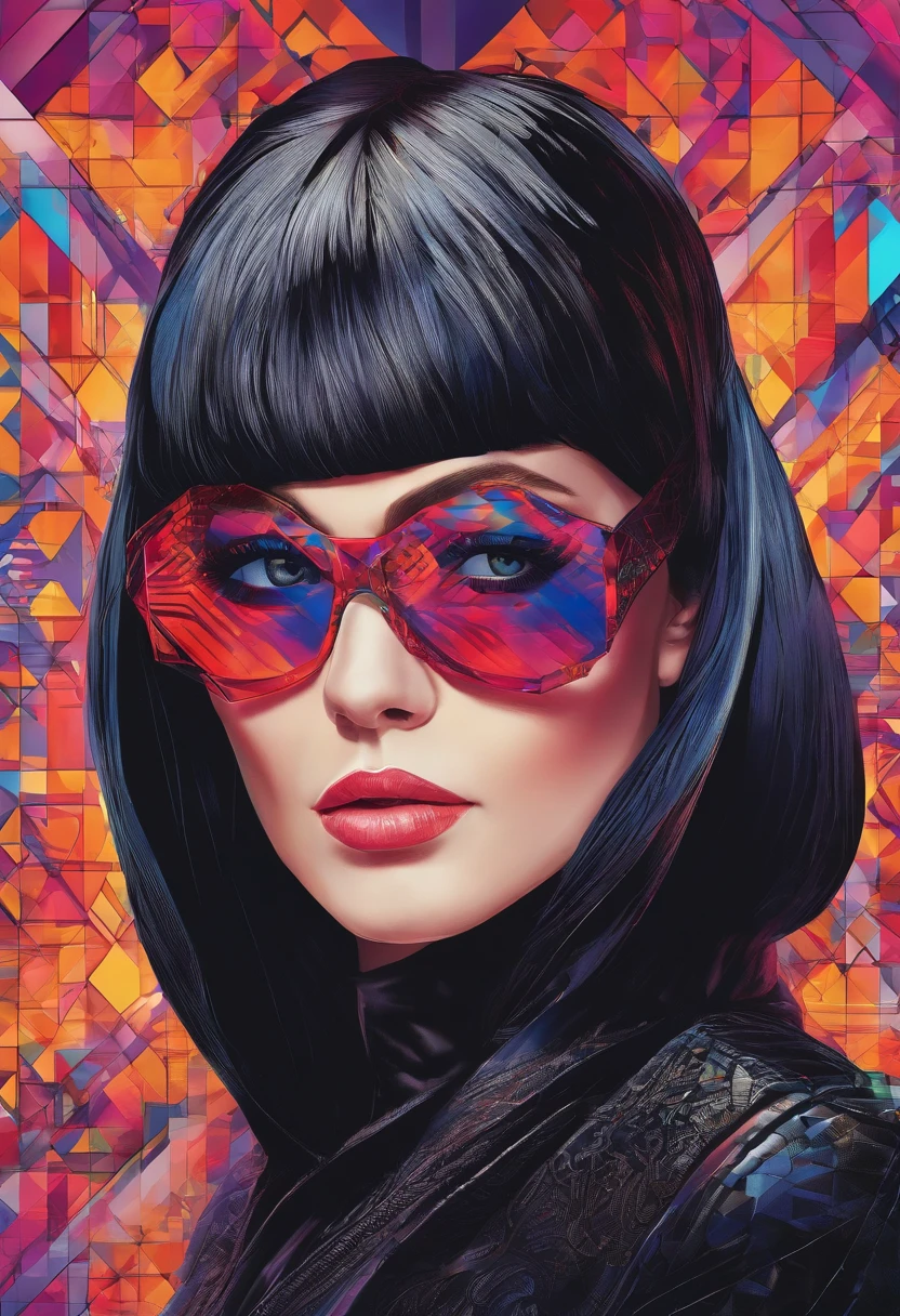 Attractive beautiful woman with black hair with gothic costume, Hyper-detailed eyes and use of high-tech sunglasses with holographic display  ,Gorgeous multidimensional geometric wall, Vibrant vivid color coloring,