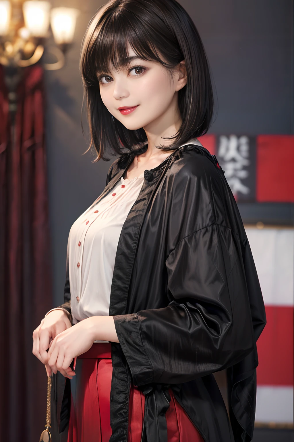 65
(a 20 yo woman,is standing), (A hyper-realistic), (Masterpiece), ((A dark-haired、short-hair:1.3)), (Silky hair), (breast:0.5), (kindly smile:0.7), red lipsticks