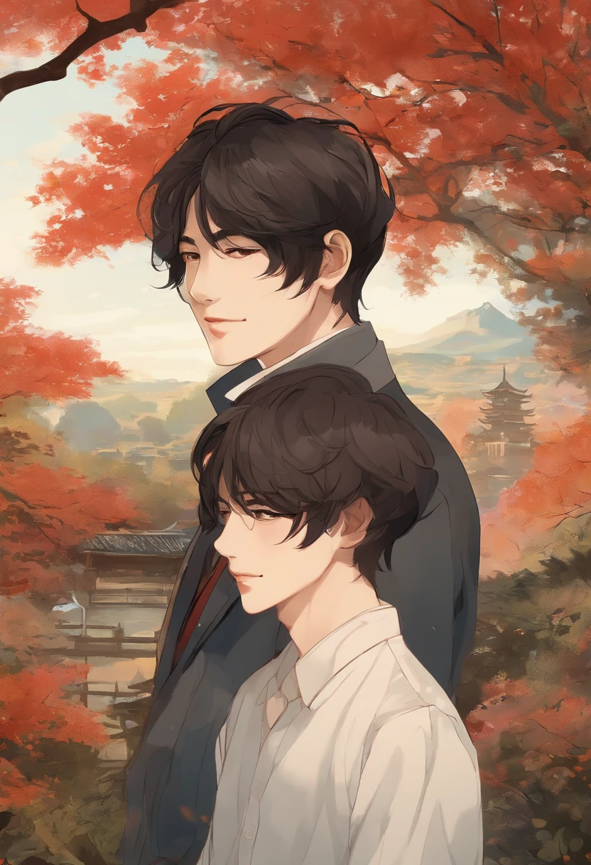 masterpiece、top-quality、ultra-detailliert、Official art、Beautifully Aesthetic、2boys(1.5)、a handsome、close up of face、portlate、A slight smil、Look at viewers、Casual Suit、Brown and black hair、glitch art:1.5、colourfull:1.5、watercolor paiting、In the topic "Sincerely: By Shinkai Makoto", Miyazaki style, 32K,ukiyoe painting