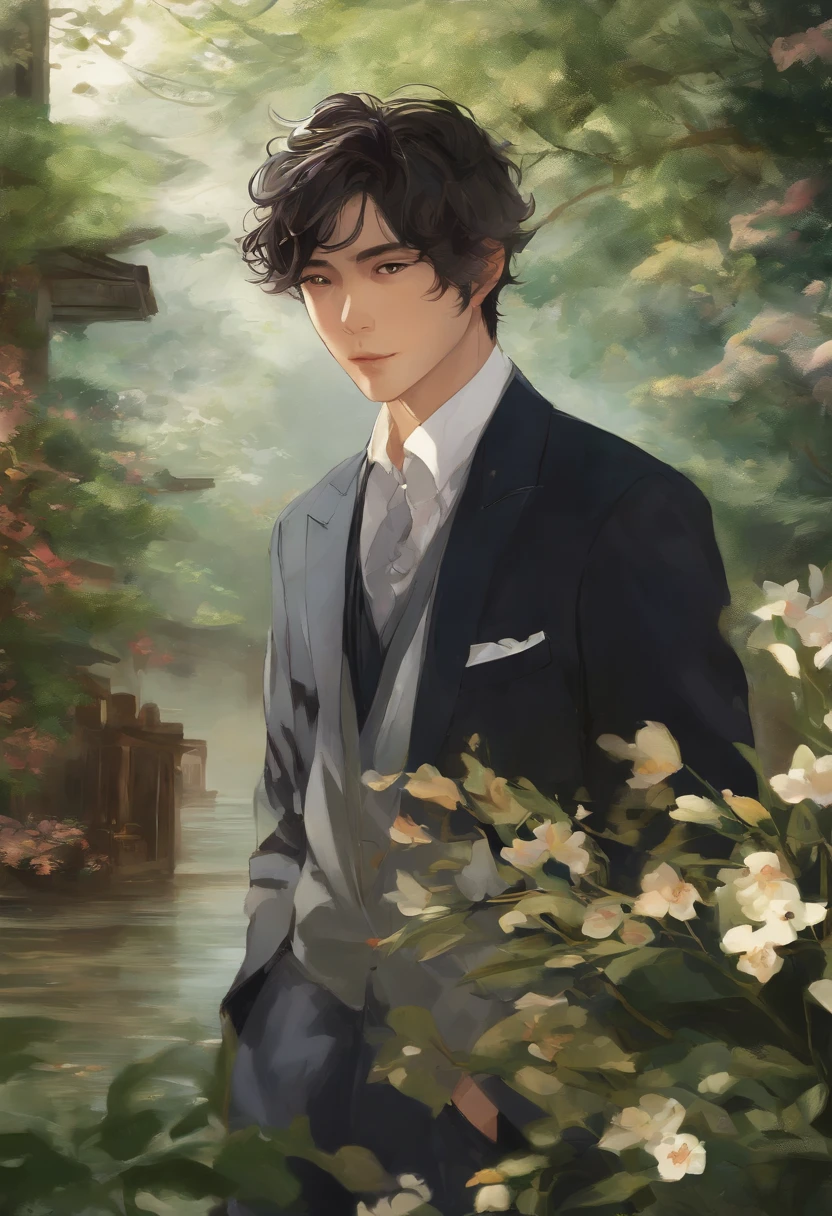 masterpiece、top-quality、ultra-detailliert、Official art、Beautifully Aesthetic、2boys(1.5)、a handsome、close up of face、portlate、A slight smil、Look at viewers、Casual Suit、Brown and black hair、glitch art:1.5、colourfull:1.5、watercolor paiting、In the topic "Sincerely: By Shinkai Makoto", Miyazaki style, 32K,ukiyoe painting