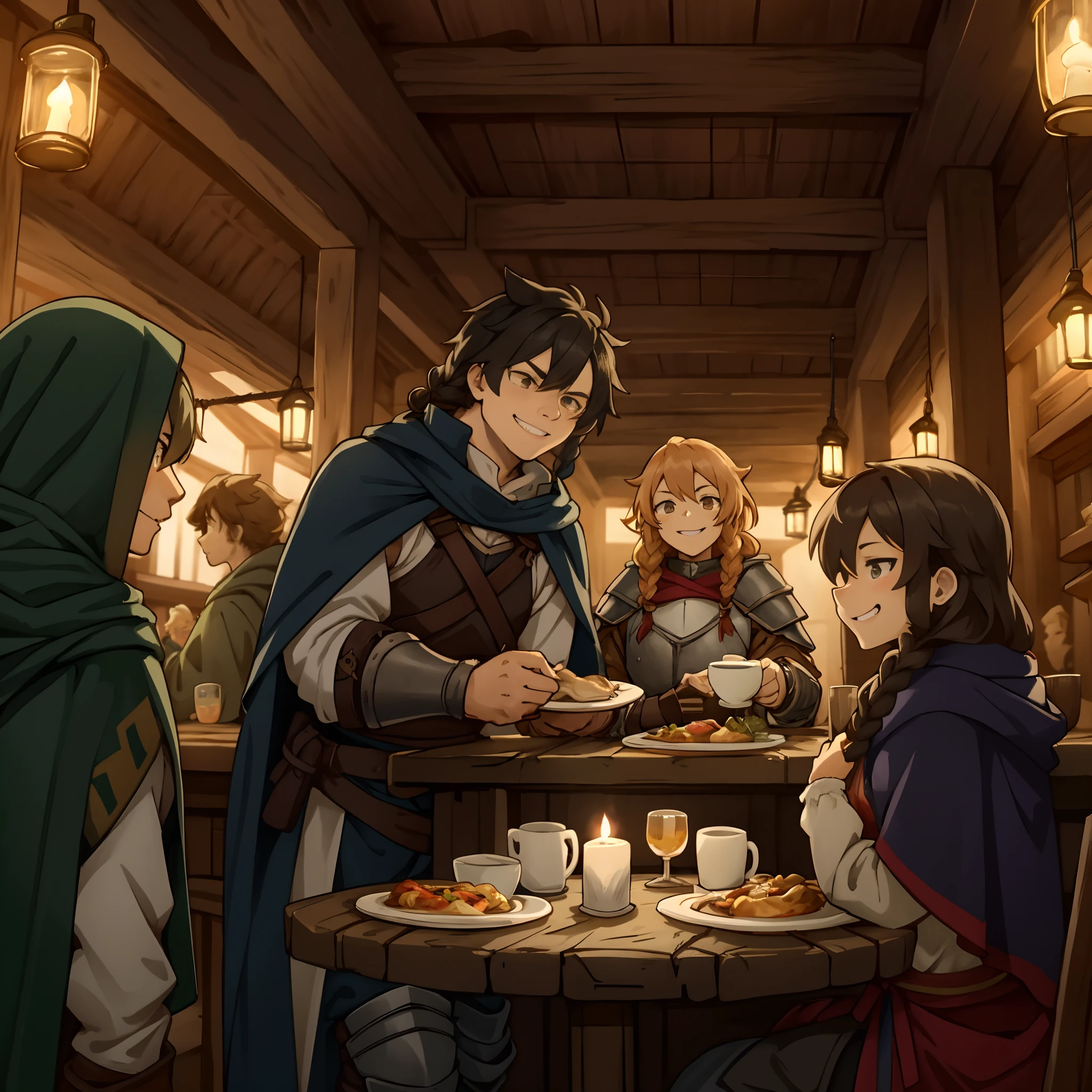 cover_page, In a lively medieval fantasy tavern filled with wooden beams and rustic decor, a group of diverse adventurers are seated at a sturdy wooden table, illuminated by dim candlelight, Amidst plates of hearty food and mugs of ale, one adventurer, with distinctive armor and a mischievous grin, attempts to flirt with a young waitress carrying a tray of drinks, She has braided hair and wears a simple dress, and she seems slightly amused by the attention, Opposite him, another member of the group, with a stern expression and a cloak draped over their shoulders, reprimands the flirtatious adventurer, drawing attention to the group's behavior, The scene is captured from a low-angle perspective, emphasizing the grandeur of the tavern and the interactions of its patrons,