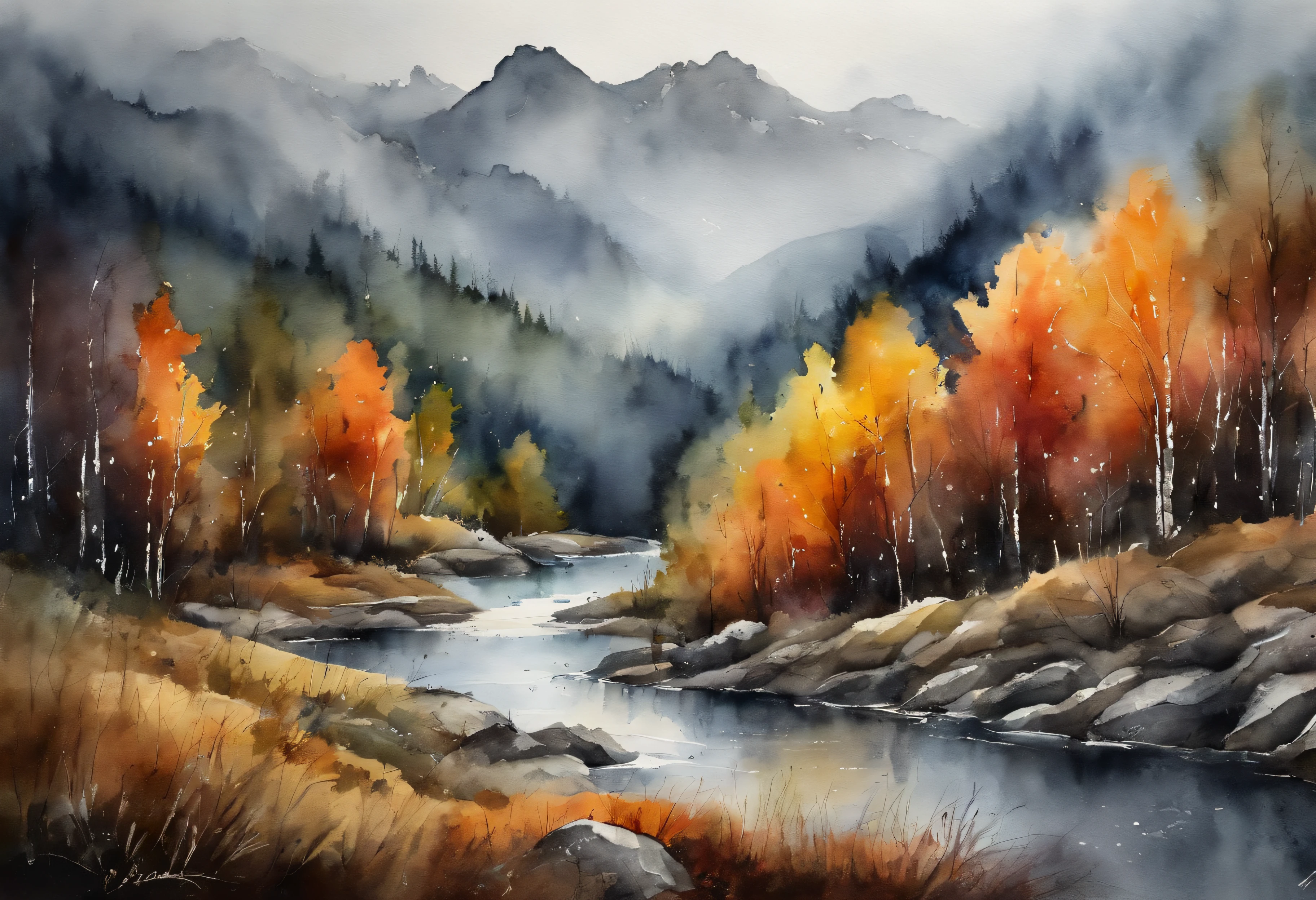 Mountain landscape, dark, rain, forrests, extreme detailed and delicate