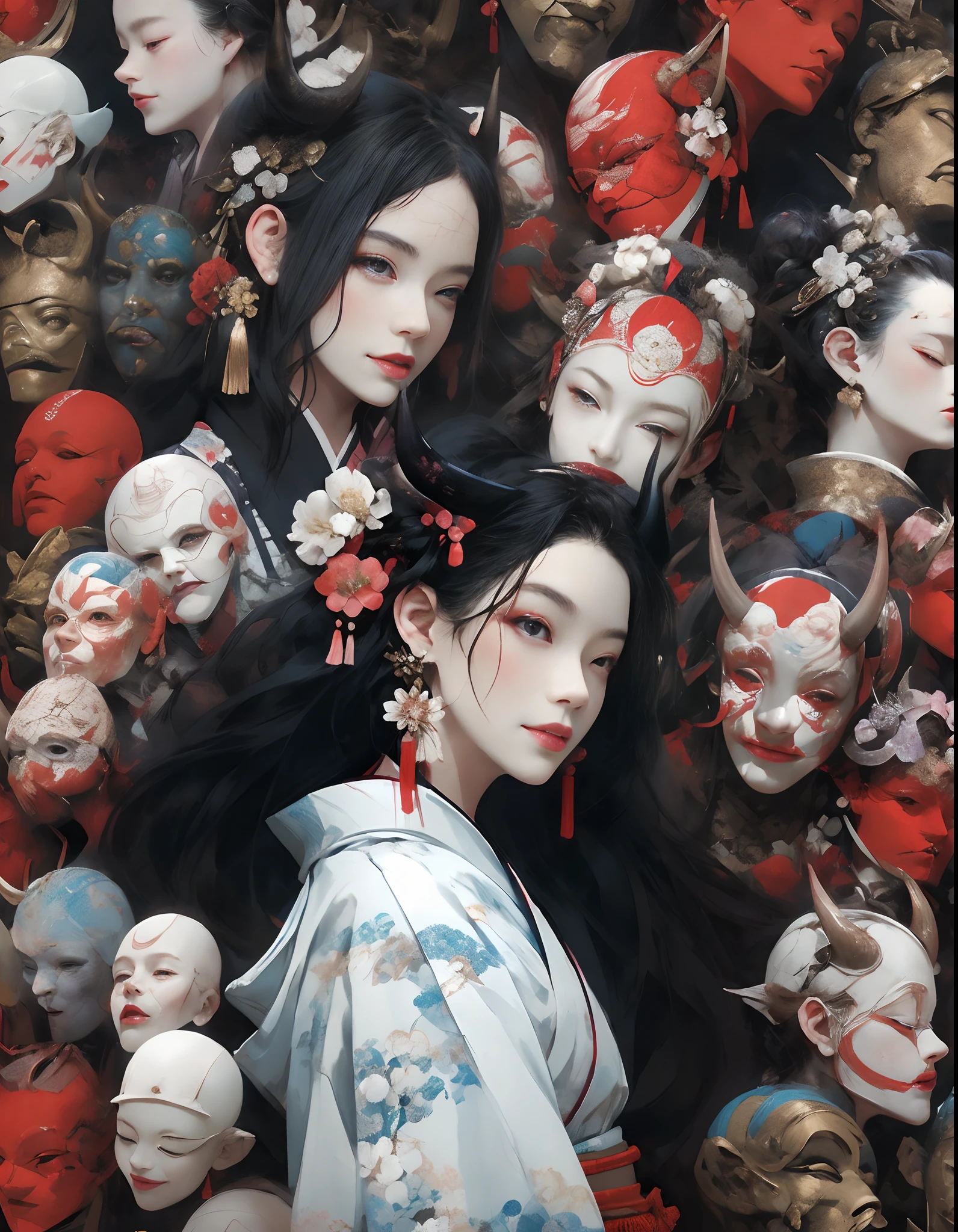 (masterpiece:1.2), best quality,PIXIV,
black hair, japanese clothes, floral print, 1girl, hair ornament, horns, sitting, looking at viewer, flower, kimono, blue eyes, hair flower, earrings, long hair, haori, jewelry, own hands together, tassel, wide sleeves, red eyes, closed mouth, long sleeves, print kimono, black kimono, hakama, bangs, smile