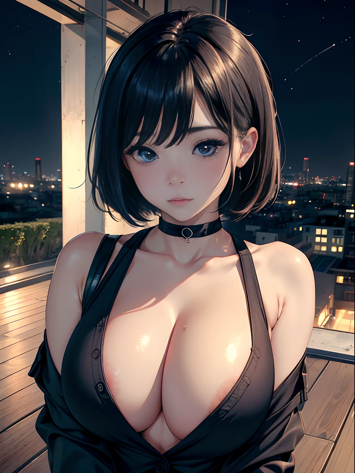 A age girl、(masterpiece:1.4)、(in 8K、realisitic、Raw photo、top-quality:1.4)、(Real Face:1.4)、(real looking skin:1.3)、超A high resolution、A hyper-realistic、Eyes in Beautiful Details、black hair shorthair、耳Nipple Ring、a secretary、Business suits、no-bra、high detailing、(huge-breasted:1.5)、gargantilha、Blushing、Embarrassed look、alluring face、On the roof of a building、natta、nighttime scene