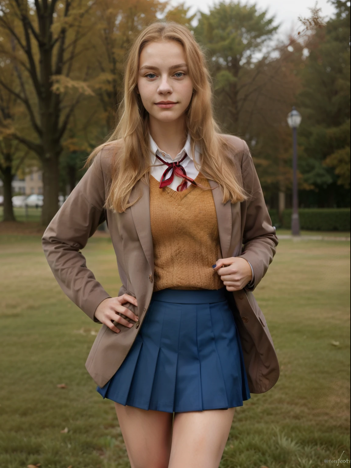 Masterpiece, hd, realistic, 1girl, 18 y.o, german girl, blonde hair, long hair, school uniform, blazer, brown sweater, collared shirt, neck ribbon, blue skirt, standing, park