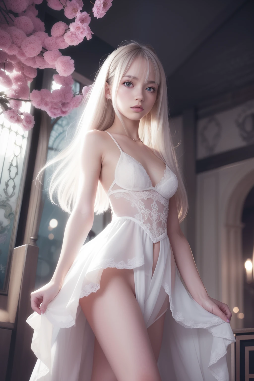 animification,(Illustration 1:1),masutepiece, Best Quality, Extremely detailed, cinematic lightening, intricate detailes, hight resolution, Official art,Illustration, Dense beautiful face and eyes, High resolution illustration, 8K, depth of fields, Bokeh, Solo, 1girl in, Girl with white hair and red eyes, long white hair, Beautiful red eyes, ,Very small breasts,Very small,Delicate body,Skinny Legs,Princess style,Longer dress,high-heels,