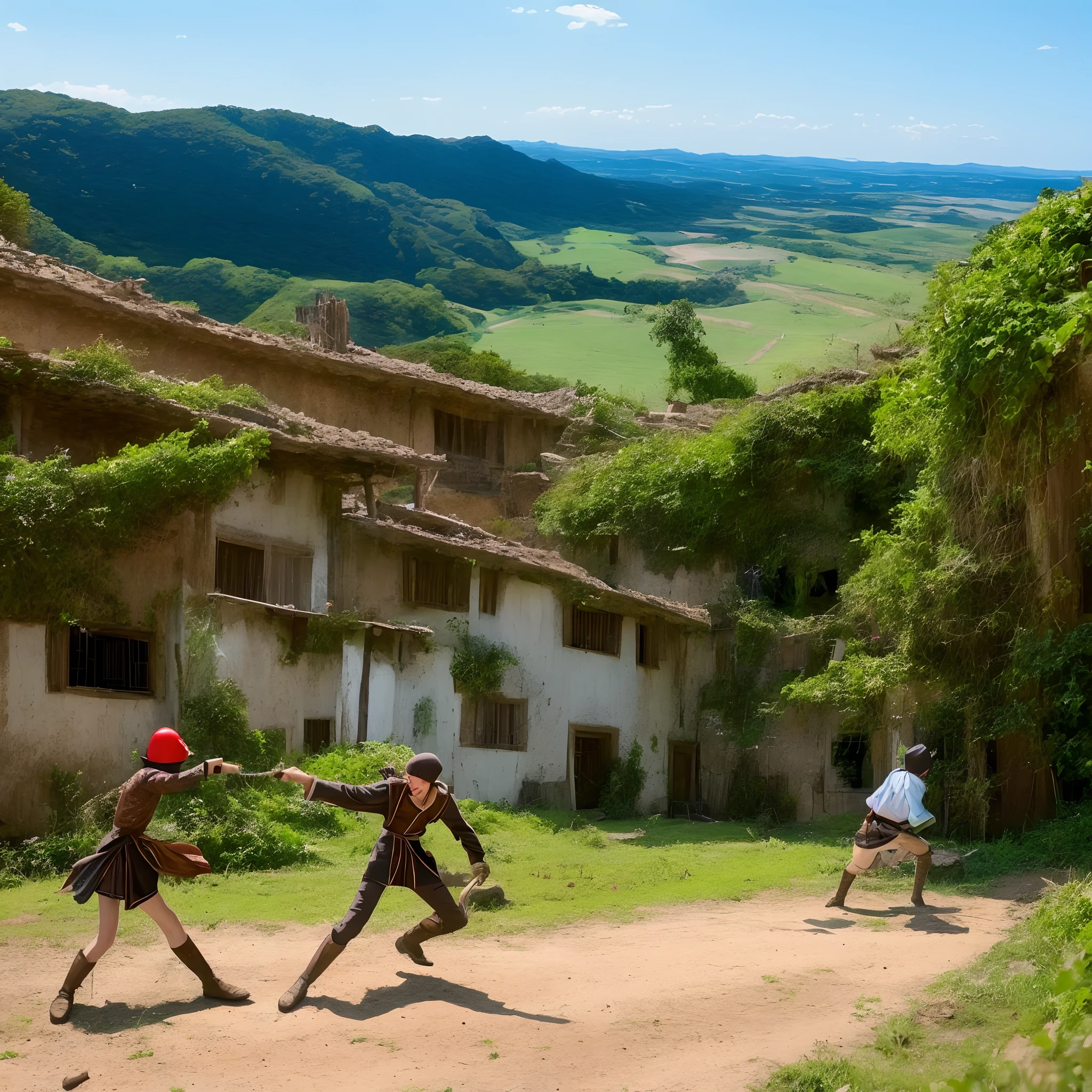 Uma cena de batalha com uma paisagem feudal onde 2 guerreiros duelam