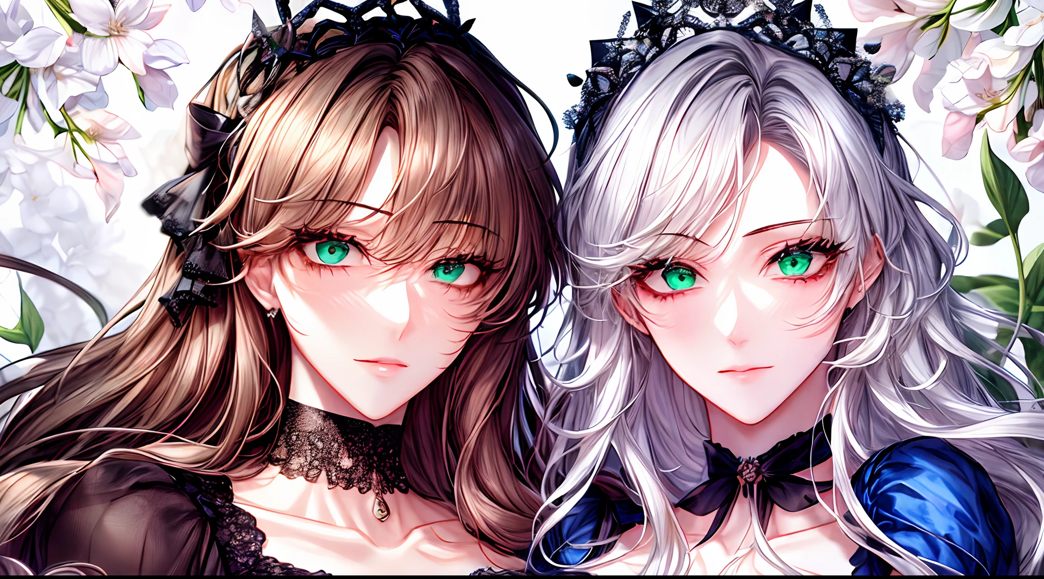 shoujo-style, floral background, romance manhwa, (2girls:1.3), couple, silver hair, brown hair, solo, long hair, flower, dress, tiara, white dress, gloves, long sleeves, choker, green eyes, mascara, makeup, white gloves, black bow, black flower, drill hair, bow, jewelry, looking at viewer, white background, collarbone, puffy sleeves, silver accessories, upper body, parted bangs, very long hair, blue dress, frills, bangs, closed mouth, detailed eyes, (close up), gleaming skin, shiny glossy skin