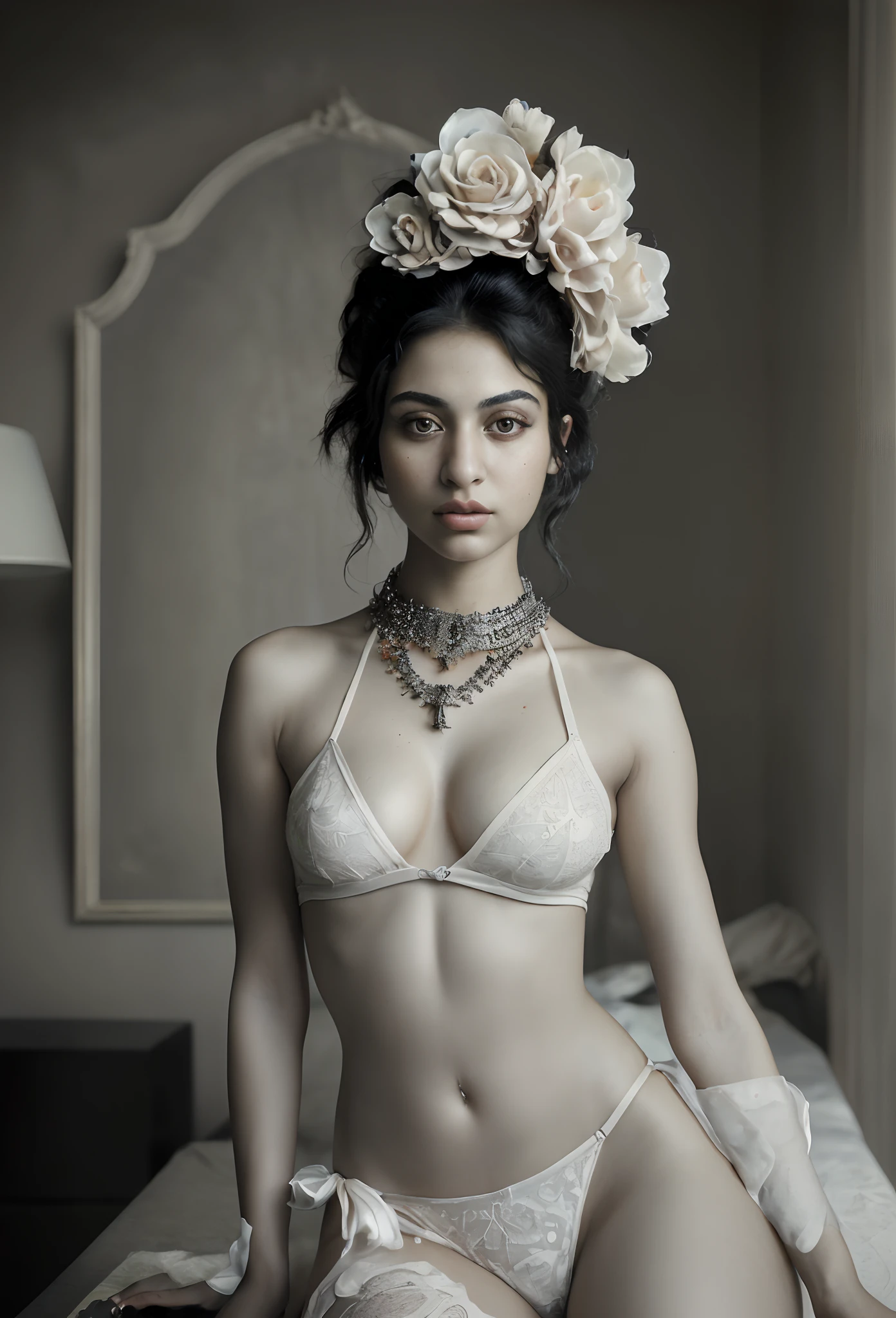 In the style of photographic realism, (masterpiece:1.4), (highest quality:1.4), (Photorealistic:1.5) winner of Taylor Wessing Photographic Portrait Prizeextremely detailed, intricate, hyper detailed, (PERFECT FACE), photograph quality picture of 24 year old Arab woman with long curly black hair, perfect petite body, short, big eyes and lips, looking at viewer