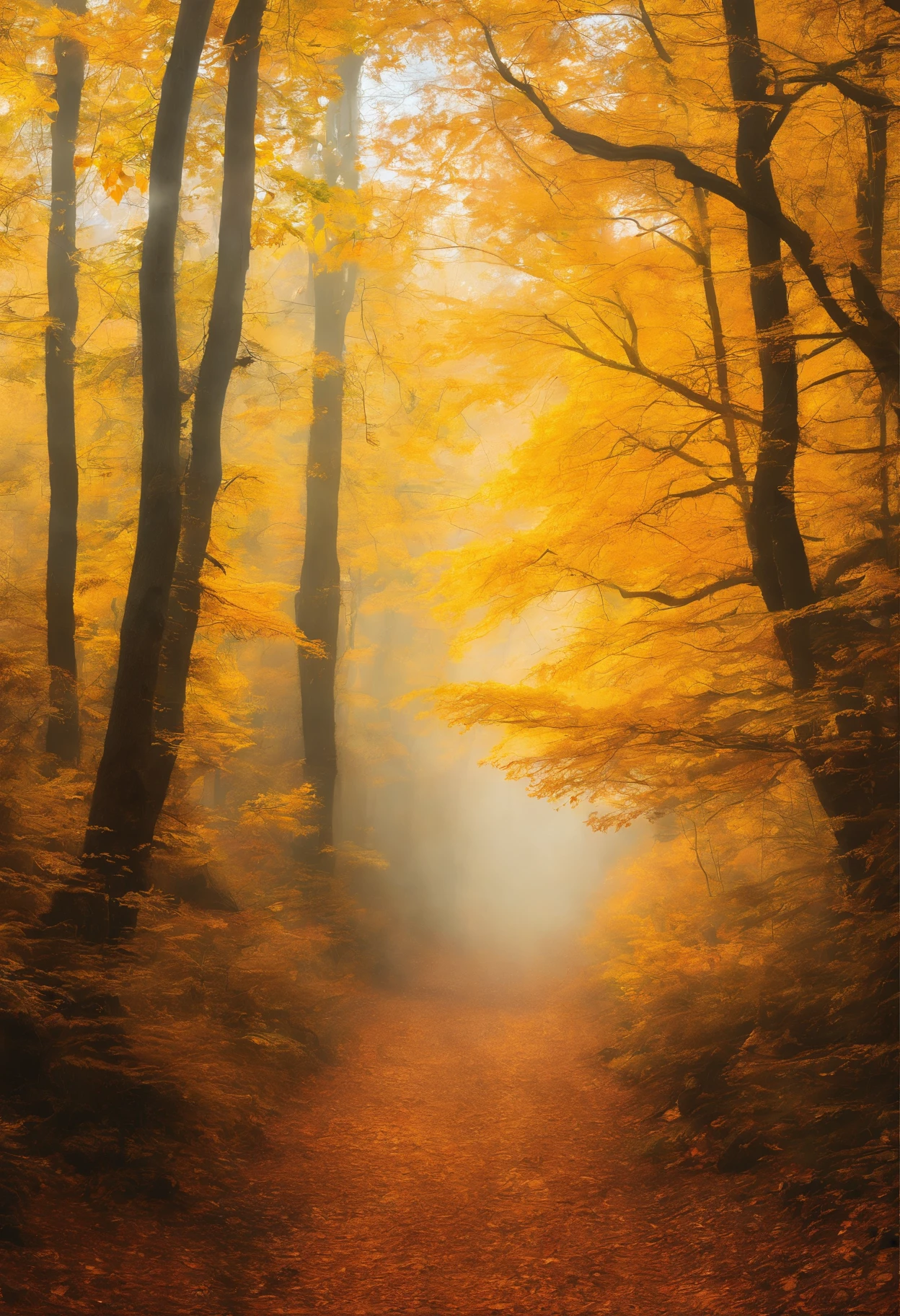 View of the maple trail in late autumn, Yellow Forest, Late autumn autumn forest, Yellow illumination fog, In a yellow dream, really beautiful forest, Beautiful forest, Beautiful hazy wood,Yellow - the hue of the mist, breath-taking beautiful trees, breath - taking beautiful trees, yellow mist, beautiful forests and trees, Vivid but dull yellow, Yellow tree