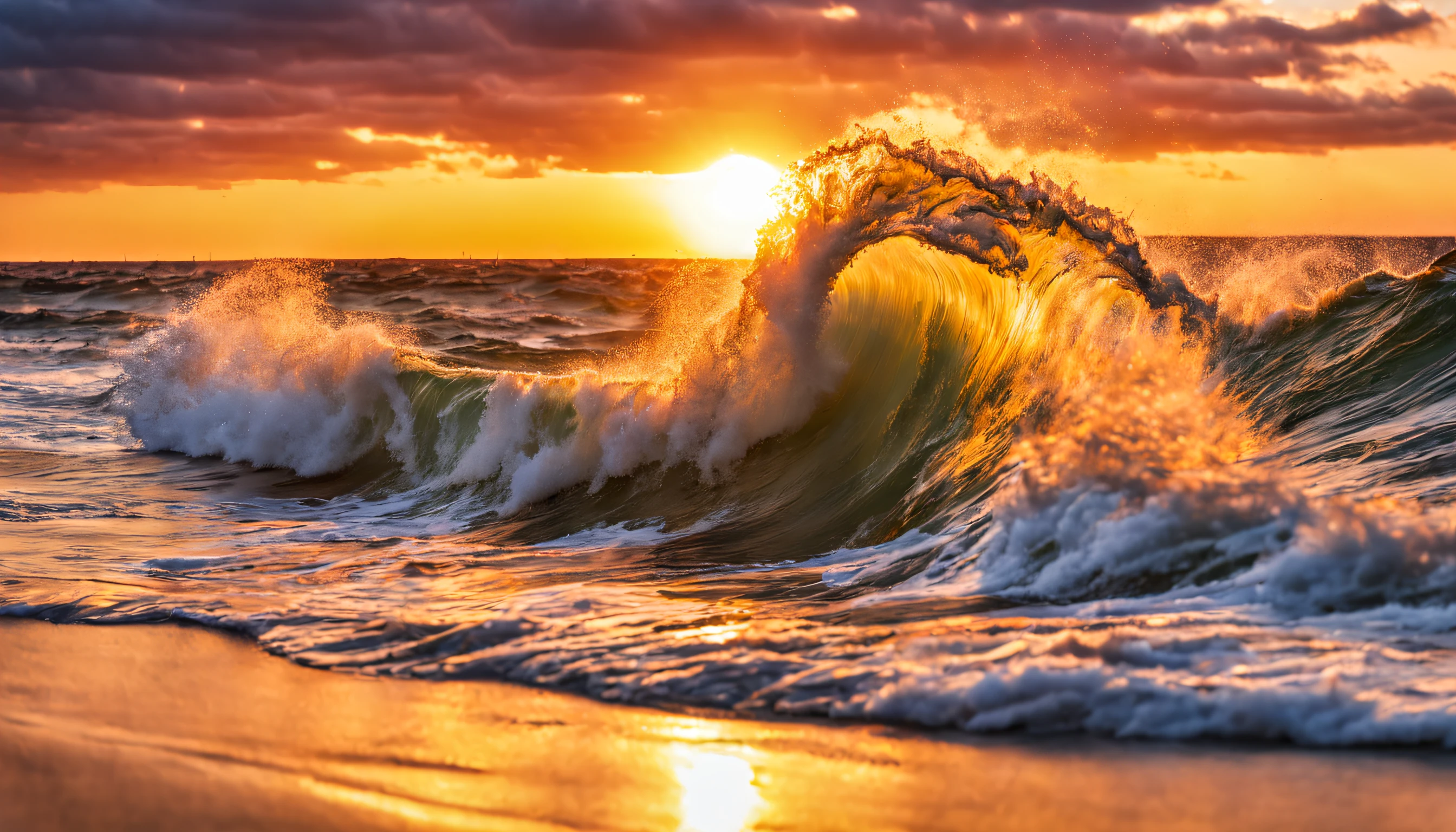 sunset over the ocean with a wave breaking in front of it, chaotic sea setting, beautiful waves in sea, sunset at the beach, epic red - orange sunlight, vibrant sunrise, shutterstock, beautiful sunrise, sunset on the beach, beautiful sunset, sea, vibrant sunset, tall backlit waves, the most beautiful sunset, soaring waves, rising from ocean, sunset glow