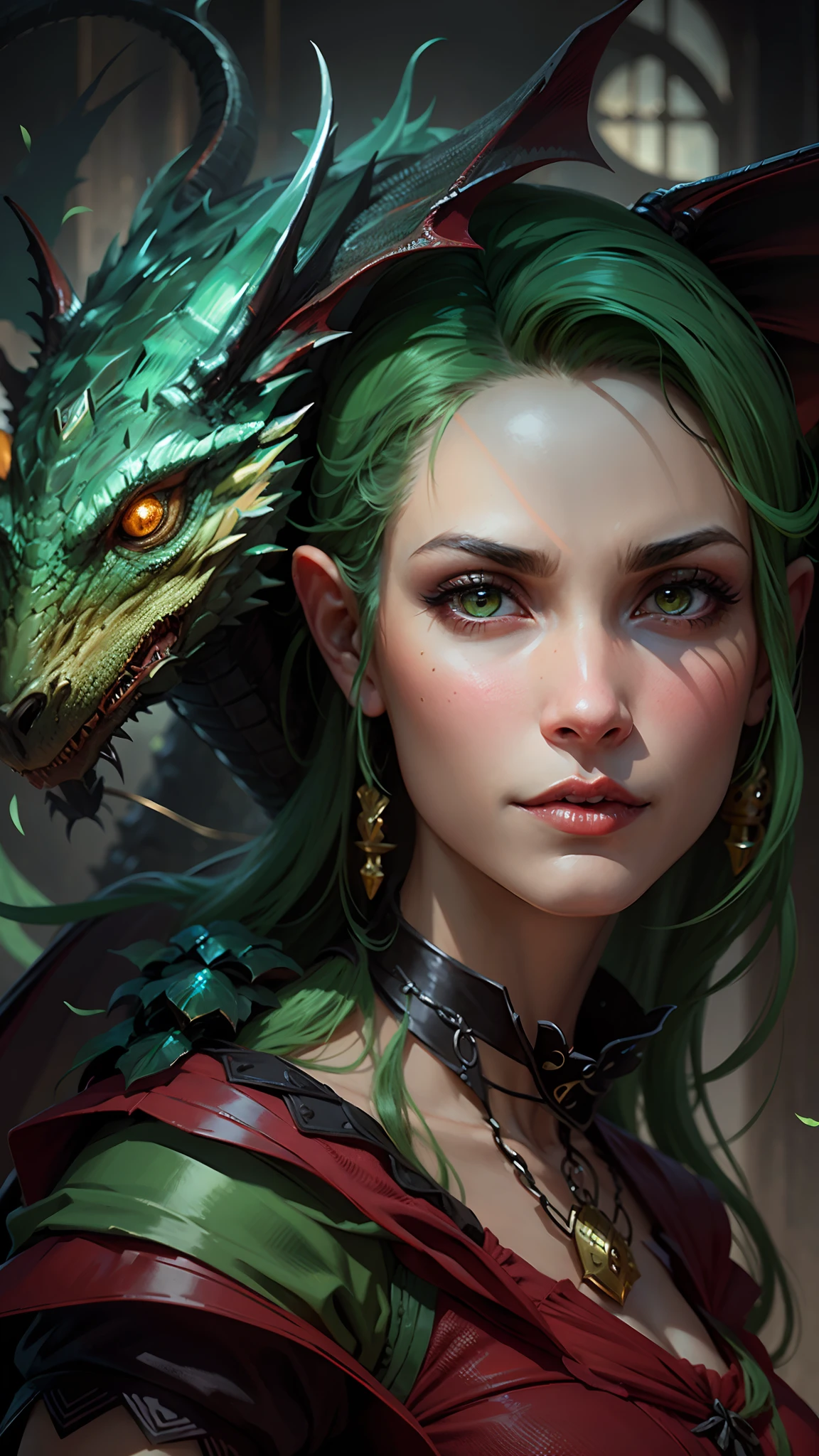 A closeup of a woman with a dragon on her head, Garota de olhos verdes, cabelo cacheado, garota bonita, lugar sombrio, Dragoned, Dark Dragon, Dark Dragon, arte de fantasia hiperrealista, retrato da fantasia, garota de cabelo vermelho, cabelo vermelho