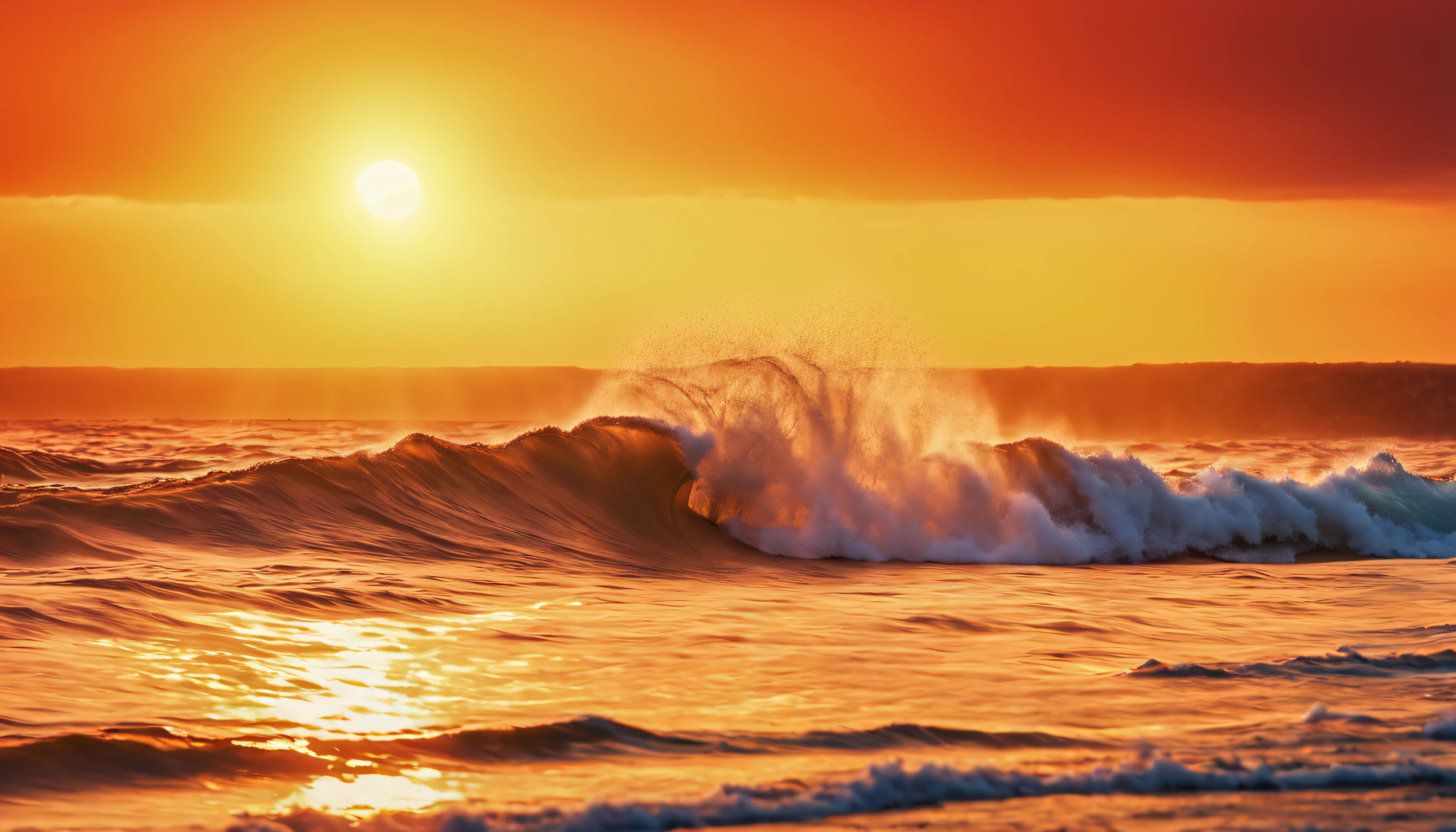 sunset over the ocean with a wave breaking in front of it, chaotic sea setting, beautiful waves in sea, sunset at the beach, epic red - orange sunlight, vibrant sunrise, shutterstock, beautiful sunrise, sunset on the beach, beautiful sunset, sea, vibrant sunset, tall backlit waves, the most beautiful sunset, soaring waves, rising from ocean, sunset glow