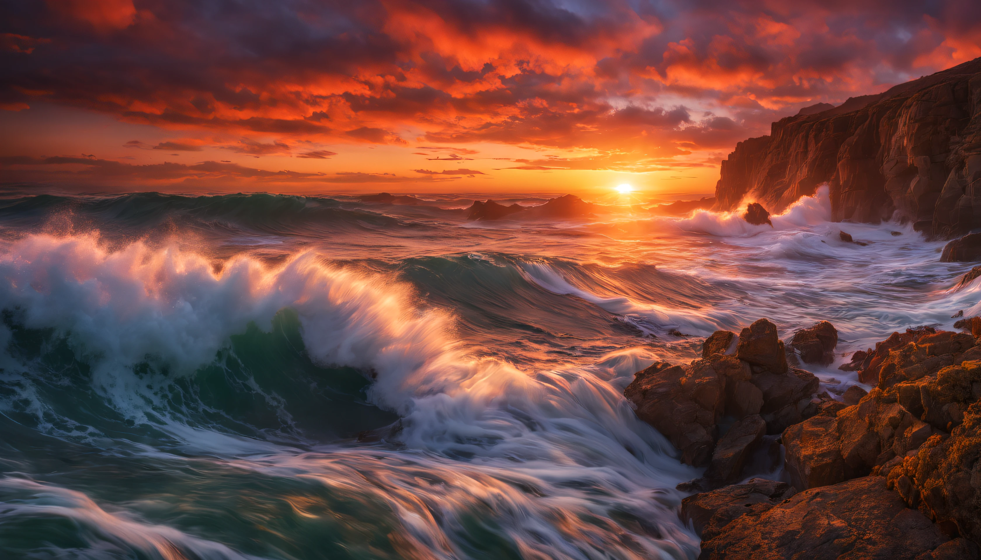 arafed view of a sunset over the ocean with waves crashing, chaotic sea setting, vibrant sunrise, breathtaking colors, breathtaking look, vibrant sunset, breathtaking composition, beautiful sea landscapes, stunning sunset, magnificent background, sunset glow, beautiful background, beautiful dreamy breathtaking, marc adamus, warm beautiful scene, epic sunset, beautiful sunset, beautiful sunset glow, beautiful ocean
