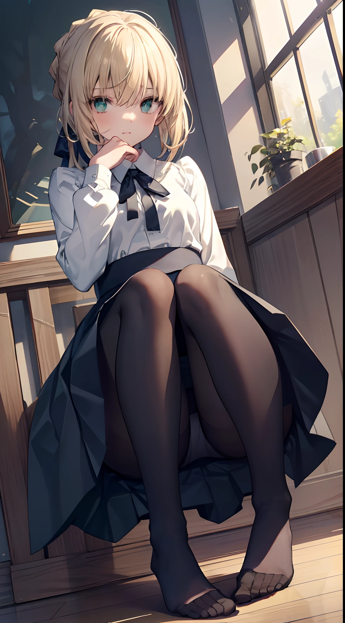 ccsaber, blonde hair, green eyes, ahoge, white shirt, blue skirt, black pantyhose、masterpiece、top-quality、best、超A high resolution、Full body portrait、intricate-detail、An ultra-fine illustrations、perfect anatomia、Correct anatomy、perfectly proportions、face perfect、Hands are2Boken、perfect hand、The feet are in2Boken、perfect foot、Perfect fingers、Small toes、Precise size and balance of upper and lower body、18year old、Schoolgirl with mature body type、A high school girl with long、1人、Whole body from head to leg、full body Esbian、small tits、Small toes、Small toes、No shoes、laying on back、M-shaped legs、Opening legs、Inter-strands、Facing the front、Composition from below、Composition from the front、Panchira、Inner thigh-sitting、Sit on the floor with bent knees and legs open、Front-facing、Lower body facing forward、Slender feet、Slender thighs、Slim toes、Lying on a white bed facing the front、Slender feet、legs slightly open、Sleeping in a big letter、Legs are spread、Hands are slightly raised、Panting face about to cry、red blush、Embarrassed look、A slightly sad look、Black_Wearing white panties inside stockings、Wearing white panties inside black transparent stockings、Wearing white panties inside black stockings、Wearing white panties inside black pantyhose、Wearing white panties inside black lace pantyhose、Wearing white panties inside stockings with black lenses、Wearing black light pantyhose and white panties、Wearing black transparent pantyhose and white panties、No shoes、No shoes on、pure white under black stockings,,,_panties on、Panties are visible through a navy blue pleated skirt、Pure white bra、Underwear、Bedrooms、in a house、during daytime、(small tits)、((full body Esbian))、masterpiece、(top-quality)