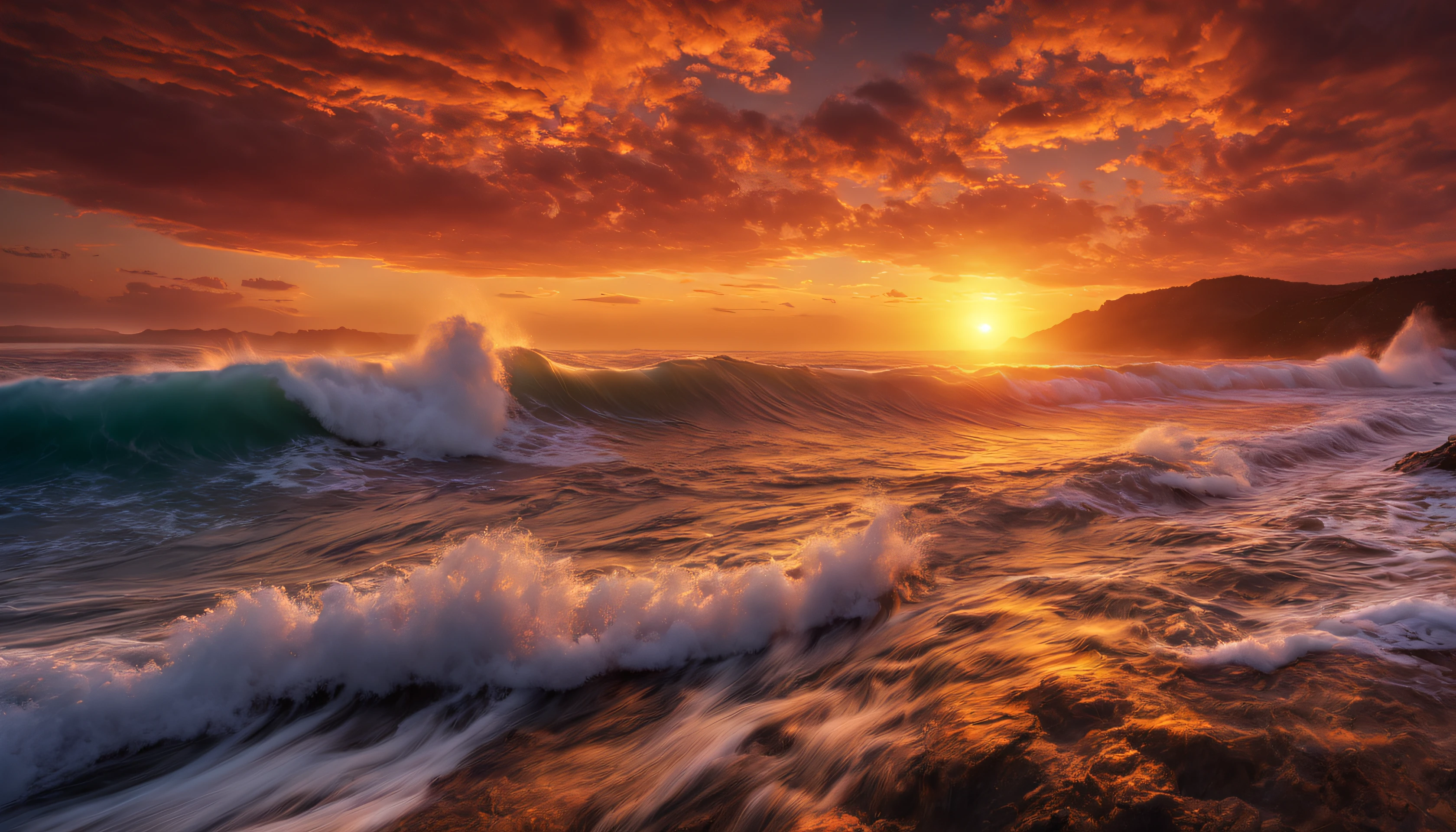 arafed view of a sunset over the ocean with waves crashing, chaotic sea setting, vibrant sunrise, breathtaking colors, breathtaking look, vibrant sunset, breathtaking composition, beautiful sea landscapes, stunning sunset, magnificent background, sunset glow, beautiful background, beautiful dreamy breathtaking, marc adamus, warm beautiful scene, epic sunset, beautiful sunset, beautiful sunset glow, beautiful ocean