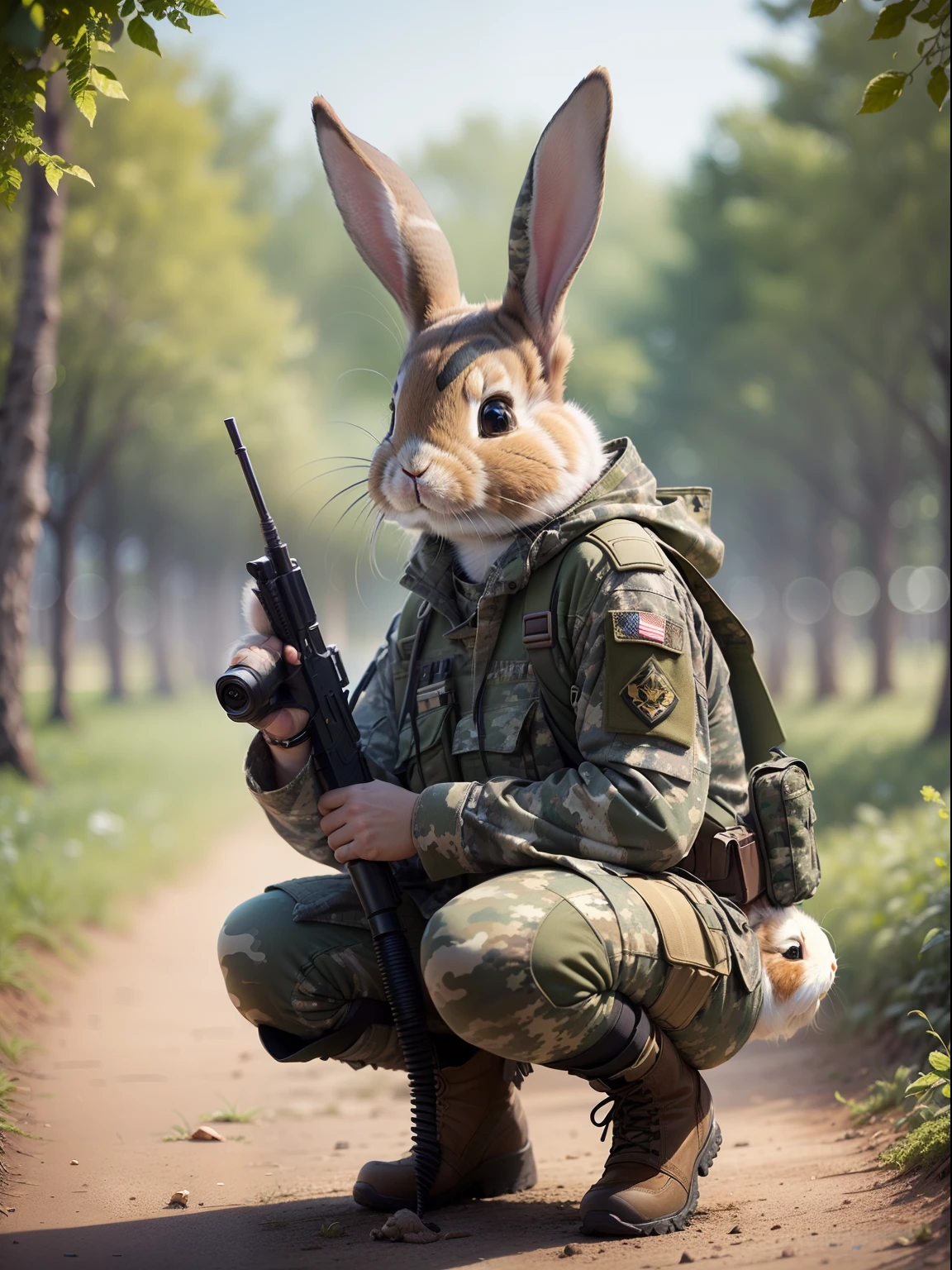 (Masterpiece, Top quality, Best quality, offcial art, Beautiful and aesthetic:1.2), (Rabbit in camouflage combat uniform:1.3), (Fractal art:1.3),