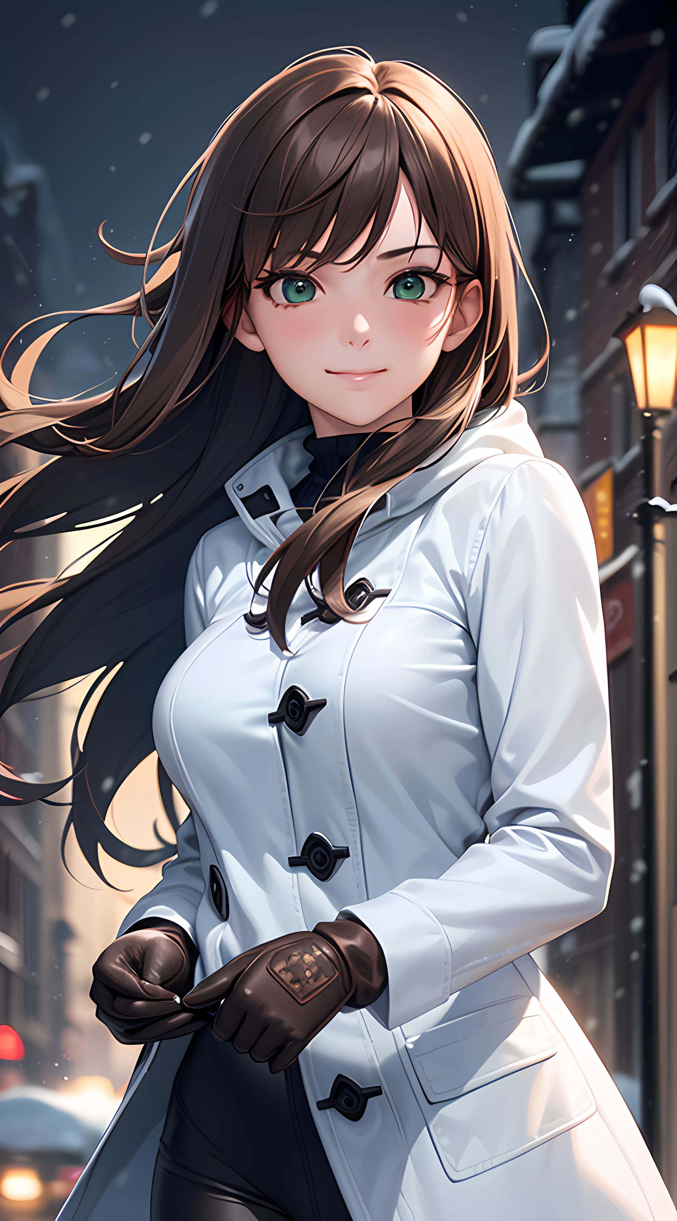 ((masterpiece, best quality, high resolution, UHD, perfect pixel, depth of field, 4k, RTX, HDR, extremely detailed)), 1girl, single, solo, 24 years old, beautiful anime girl, beautiful art style, anime character, sly smile, beautiful smile, ((long hair, brown hair)), (green eyes:1.4, rounded eyes, beautiful eyelashes, realistic eyes, extremely detailed pupil), (detailed face, blushing:1.2), (smooth texture:0.75, realistic texture:0.65, photorealistic:1.2, cinematic, anime CG style), medium breasts, upper body, perfect body, busty, (dynamic angle, POV, close up), ((winter clothes, long coats, mittens, gloves, long underwear)), night, city lights, bokeh:1.4, (outdoor, city buildings, crowd), ((winter, snowfall:1.8, heavy snow, wind, wind blows)), (graceful, prestigious, glorious, elegant, aesthetic)