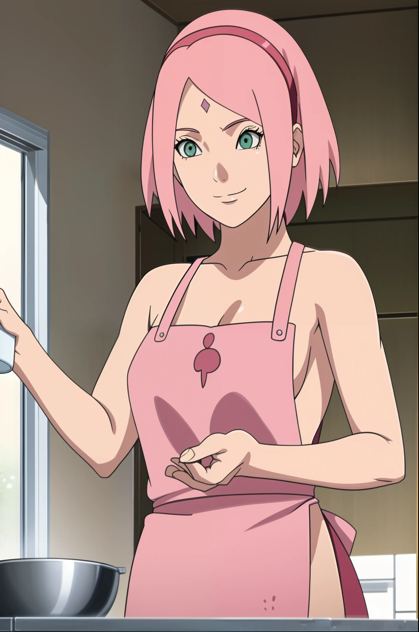 Sakura, pink hair, short hair, 1girl, in A smile Cooking in your room, barechested, Wearing only an apron, Large breasts, medium tits