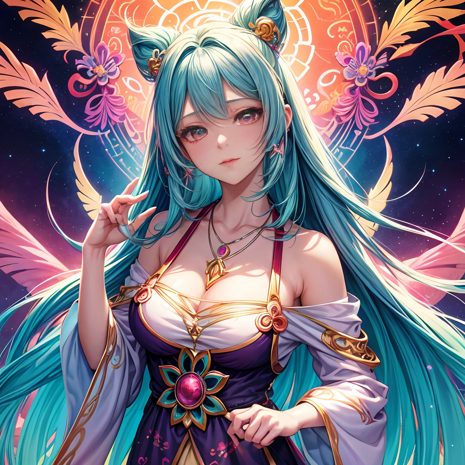 Close-up of a woman with colorful hair and necklace, anime girl with cosmic hair, The soft vitality of Rostus, Guviz-style artwork, Fantasy art style, Colorful], vibrant fantasy style, Vibrant Ross Comics, cosmic and colorful, Guviz, Colorful digital fantasy art, stunning art style, Beautiful anime style, White skin, pyjamas,