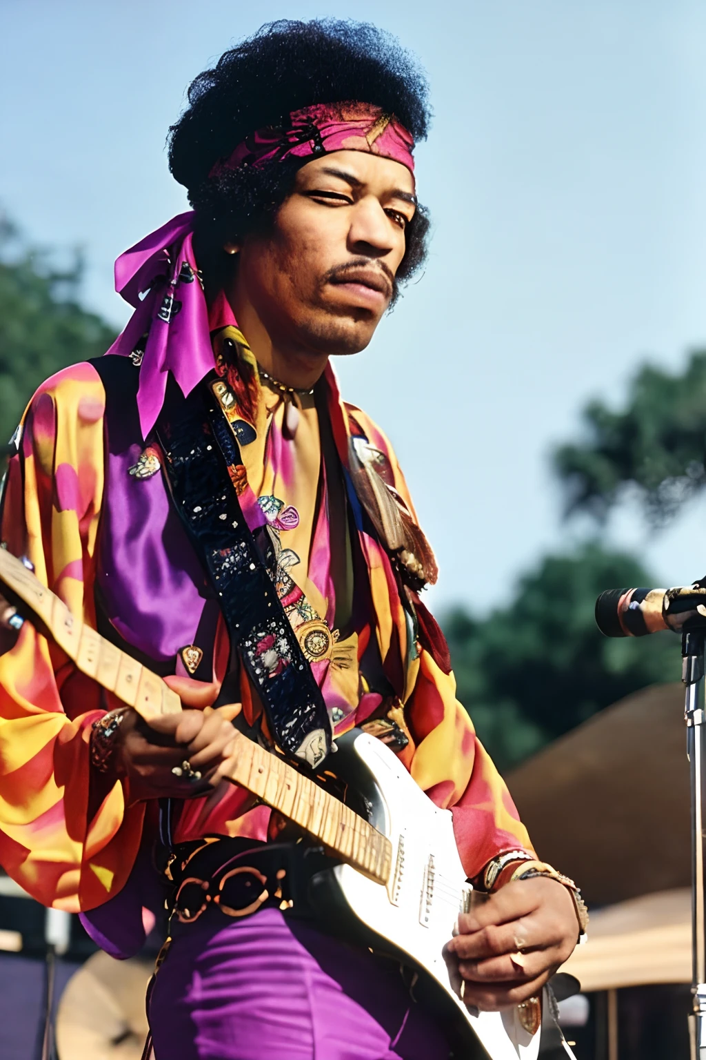 Portrait en pied de Jimi Hendrix, A man with a guitar and a bandana on his head, Detailed face, (Des yeux parfaits), Souriant,  (Highly detailed skin:1.1), corps parfait, Style ModelShoot, Photographie professionnelle, Spectacular stage lighting, photoreallistic, Realstic, Standing in a concert stage background, blurred background, .RAW, analogique, mise au point nette, 8k, High resolution, DSLR, High quality, Fujifilm XT3, grain du film, award winning,