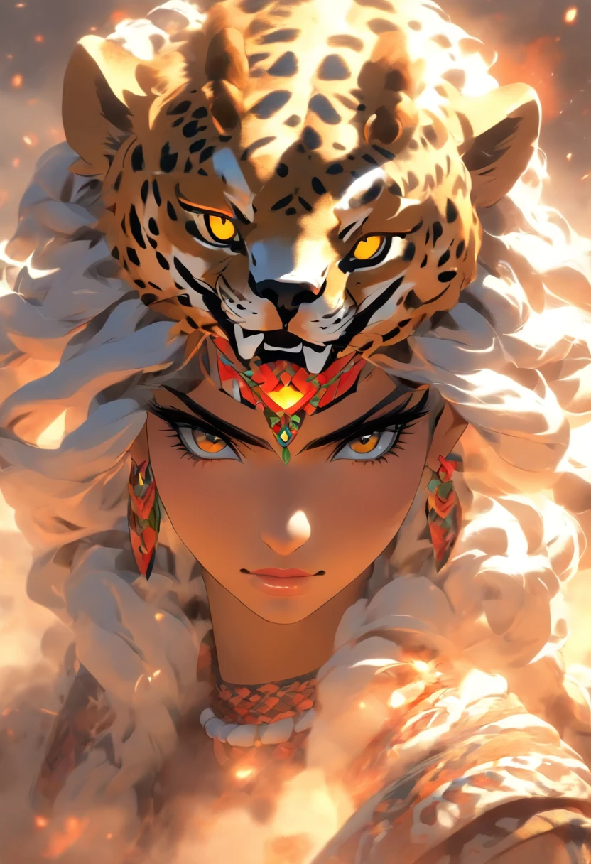 Best quality,Ultra-high resolution,4K detailed CG,​master piece,Taizkatli Poka,mayan god,jaguar,Mirror necklace,Mayan clothing,Chest glasses,Mayan mythology,Desert,Smoke,Humanoid body,mexico,Aesthetics,Beautiful image,Center on the screen in black and white,A feeling of health and vitality,portrait,detailed eyes,detailed lips,long eyelashes,fierce expression,exquisite jewelry,elaborate headdress,flowing robes,powerful presence,desert landscape,wisps of smoke,mysterious ambiance,lighting from below,jaguar head,magnificent artwork,ethereal beauty,vivid colors,black and white contrast