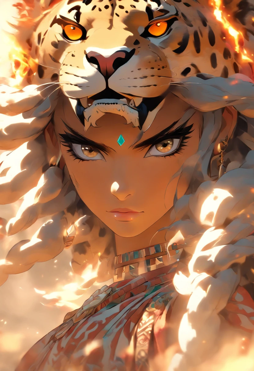 Best quality,Ultra-high resolution,4K detailed CG,​master piece,Taizkatli Poka,mayan god,jaguar,Mirror necklace,Mayan clothing,Chest glasses,Mayan mythology,Desert,Smoke,Humanoid body,mexico,Aesthetics,Beautiful image,Center on the screen in black and white,A feeling of health and vitality,portrait,detailed eyes,detailed lips,long eyelashes,fierce expression,exquisite jewelry,elaborate headdress,flowing robes,powerful presence,desert landscape,wisps of smoke,mysterious ambiance,lighting from below,jaguar head,magnificent artwork,ethereal beauty,vivid colors,black and white contrast