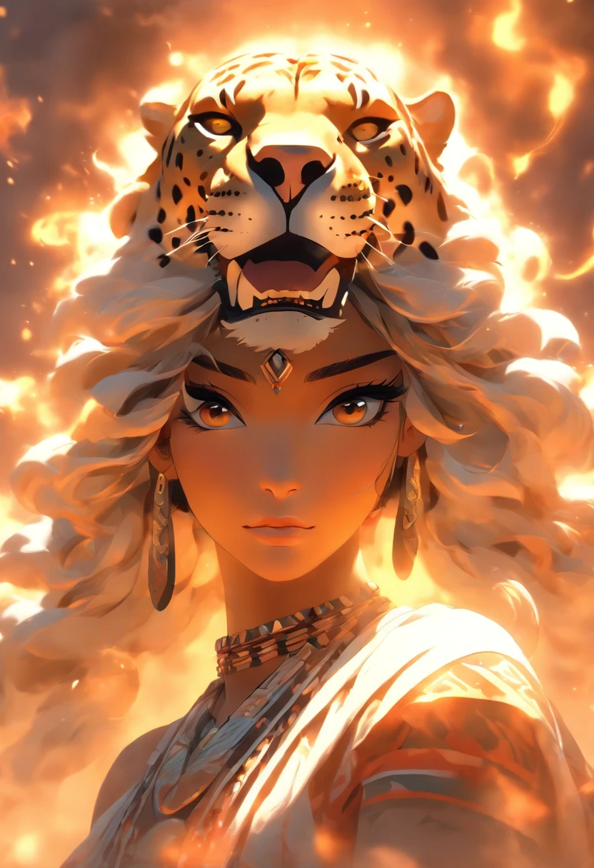 Best quality,Ultra-high resolution,4K detailed CG,master piece,Taizkatli Poka,mayan god,jaguar,Mirror necklace,Mayan clothing,Chest glasses,Mayan mythology,Desert,Smoke,Humanoid body,mexico,Aesthetics,Beautiful image,Center on the screen in black and white,A feeling of health and vitality,portrait,detailed eyes,detailed lips,long eyelashes,fierce expression,exquisite jewelry,elaborate headdress,flowing robes,powerful presence,desert landscape,wisps of smoke,mysterious ambiance,lighting from below,jaguar head,magnificent artwork,ethereal beauty,vivid colors,black and white contrast