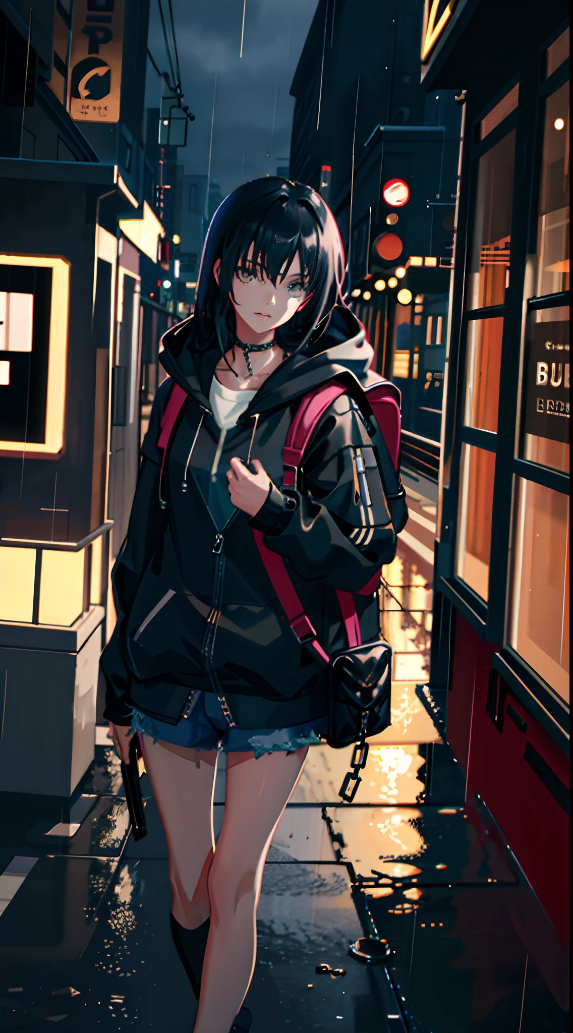 1girl, jacket, rain, outdoor, hoodie, open jacket, chain, backpack, looking at another, messy hair, trending on artstation, 8k resolution, highly detailed, anatomically correct, sharp image, digital painting, concept art, trending on pixiv, style of makoto shinkai,