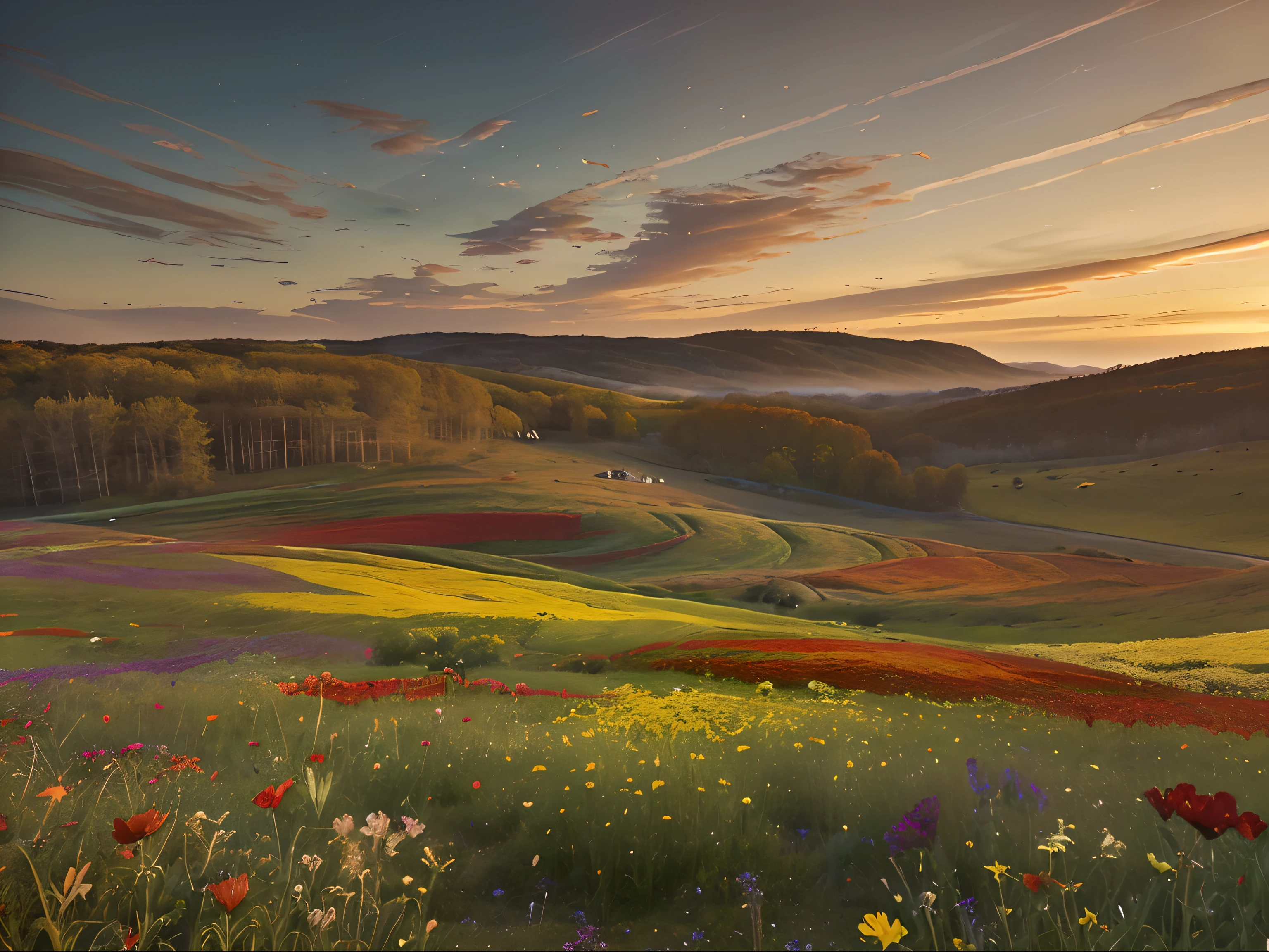 Fields of vibrant wildflowers come alive in this stunning photograph, each petal bursting with color and life. The image showcases a tapestry of nature's beauty, with an array of bold reds, yellows, and purples dancing across the scene. The flowers appear so vivid and lifelike that they almost seem to leap off the canvas, creating an immersive experience for the viewer. This impeccably captured moment captures the essence of a sun-kissed meadow, enveloping the viewer in a sense of tranquility and awe.