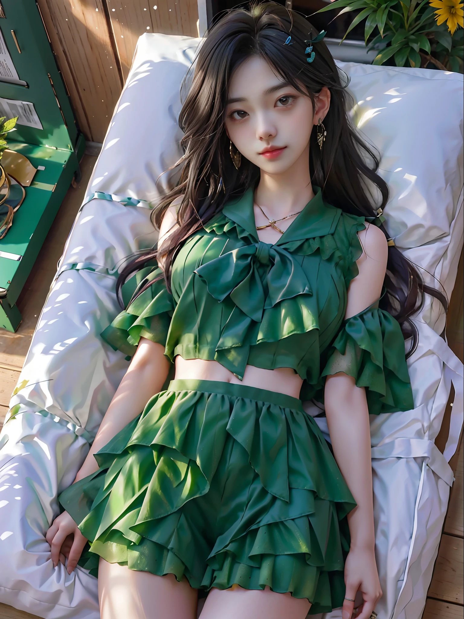 Collage by newspaper by Naruko Takao,background newspaper and letter sumbols,cute girl with sailor wear,dark green,summer flora,multi-layered season, multi-layered texture, multi-layered realism, multi-layered figure --niji 5