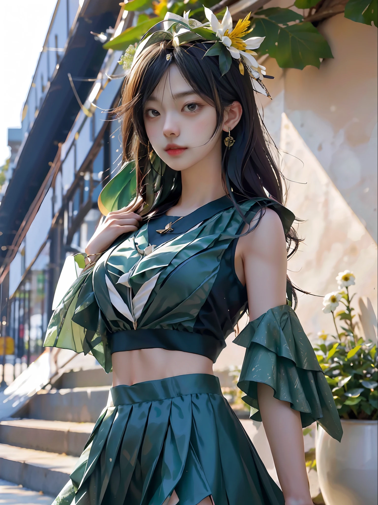 Collage by newspaper by Naruko Takao,background newspaper and letter sumbols,cute girl with sailor wear,dark green,summer flora,multi-layered season, multi-layered texture, multi-layered realism, multi-layered figure --niji 5