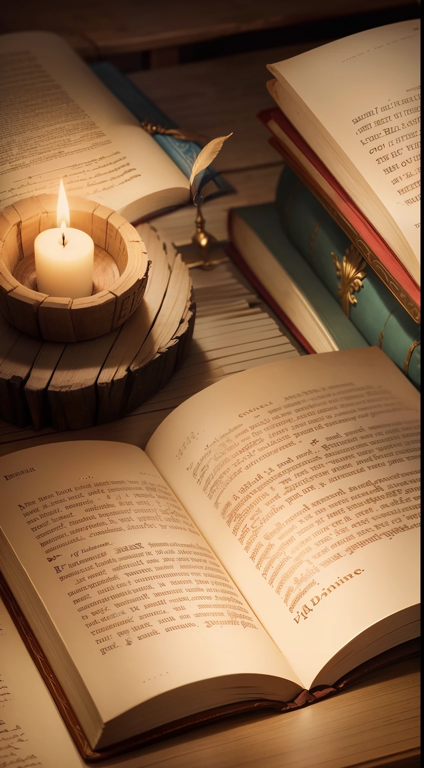 Create detailed images of open Bibles on a rustic wooden table. The scene is softly illuminated by soft light from above, Highlight the pages and details of the Bible cover. The cover of the Bible is made of stale leather, Wear of the edges，Relief art design depicting biblical scenes. The page is yellowed with time，And delicately marked by use, Several words and verses stand out. A writing feather rests elegantly on an open page, It's as if someone has been immersed in reading lately. the are In the background, Small lit candles add a pleasant touch to the scene, Glows softly golden. Peaceful surroundings, An invitation to reflect and meditate on the sacred words contained in the Bible."