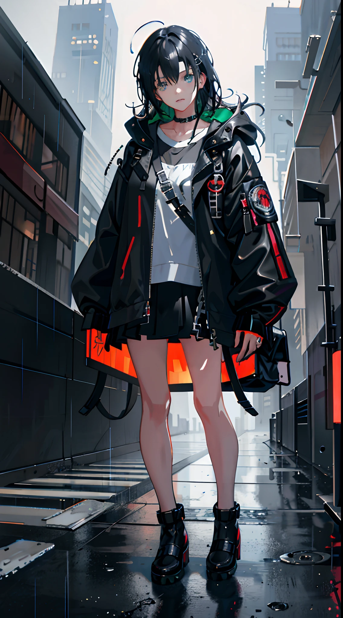 1girl, jacket, rain, outdoor, hoodie, open jacket, chain, backpack, looking at another, messy hair, trending on artstation, 8k resolution, highly detailed, anatomically correct, sharp image, digital painting, concept art, trending on pixiv, style of makoto shinkai,
