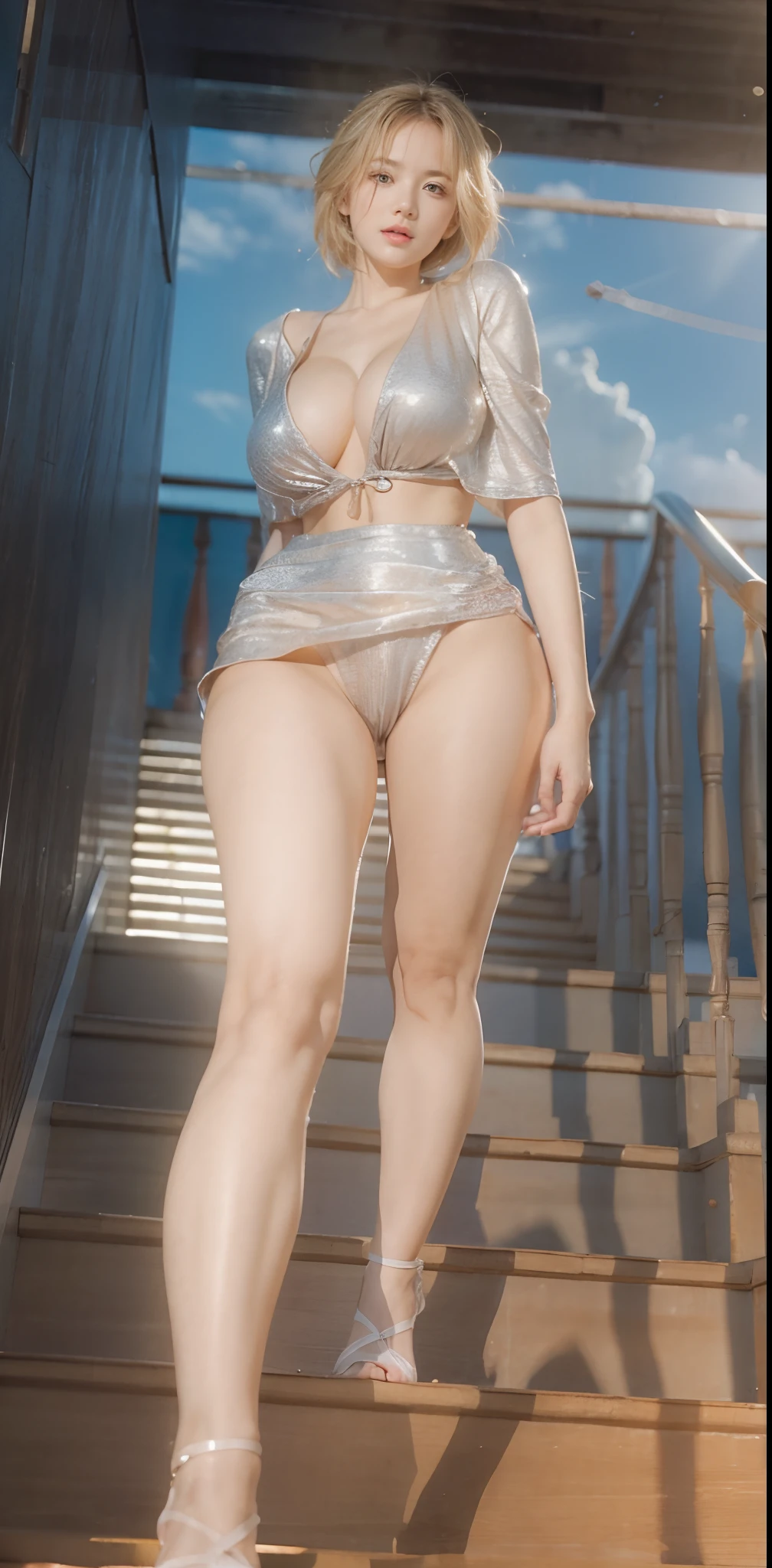 (Photorealistic:1.4), 8k raw photo, high res, best quality, masterpiece, meticulous detail, a hot beautiful woman steping up the stair, big breast, very long legs, big hips, upskirt, sexy