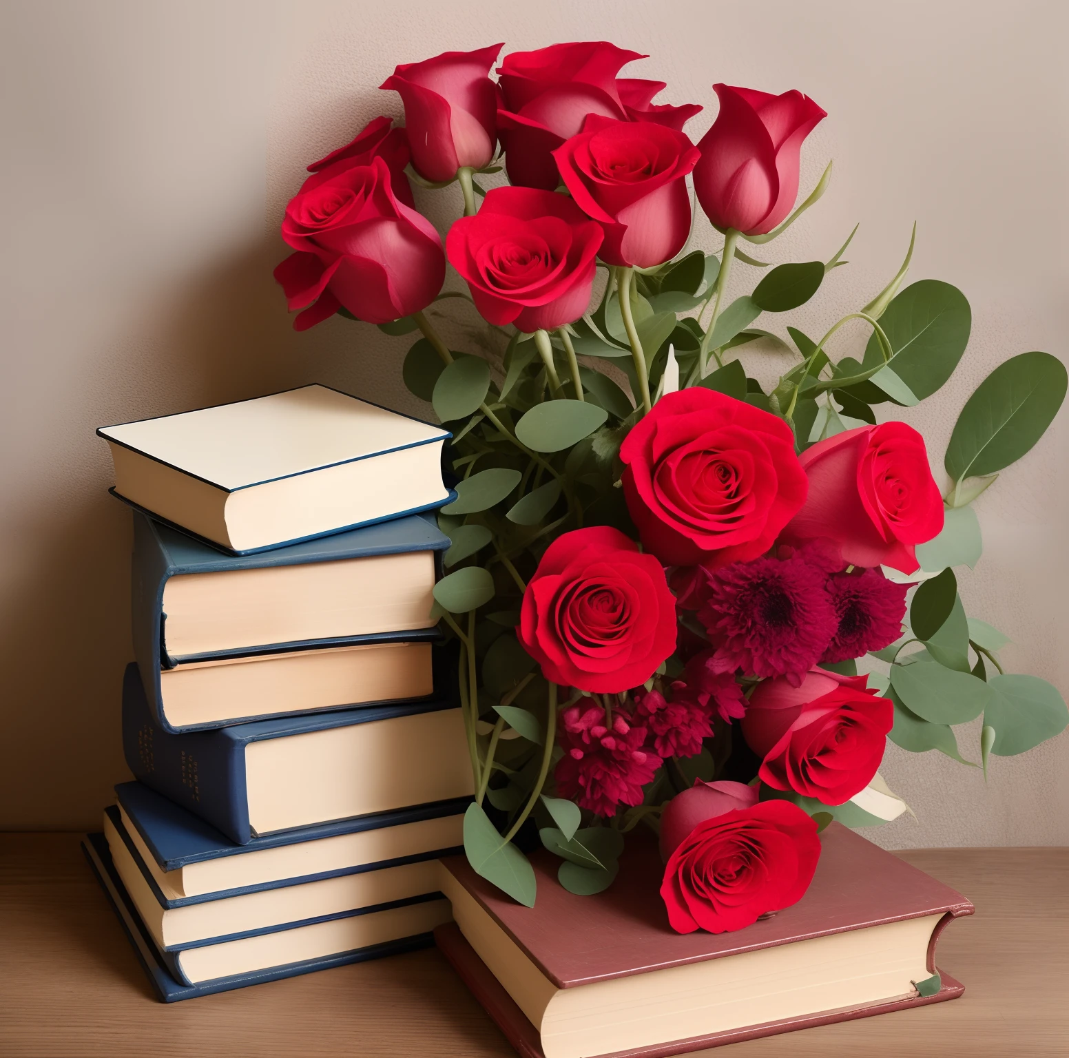 Red flowers and books