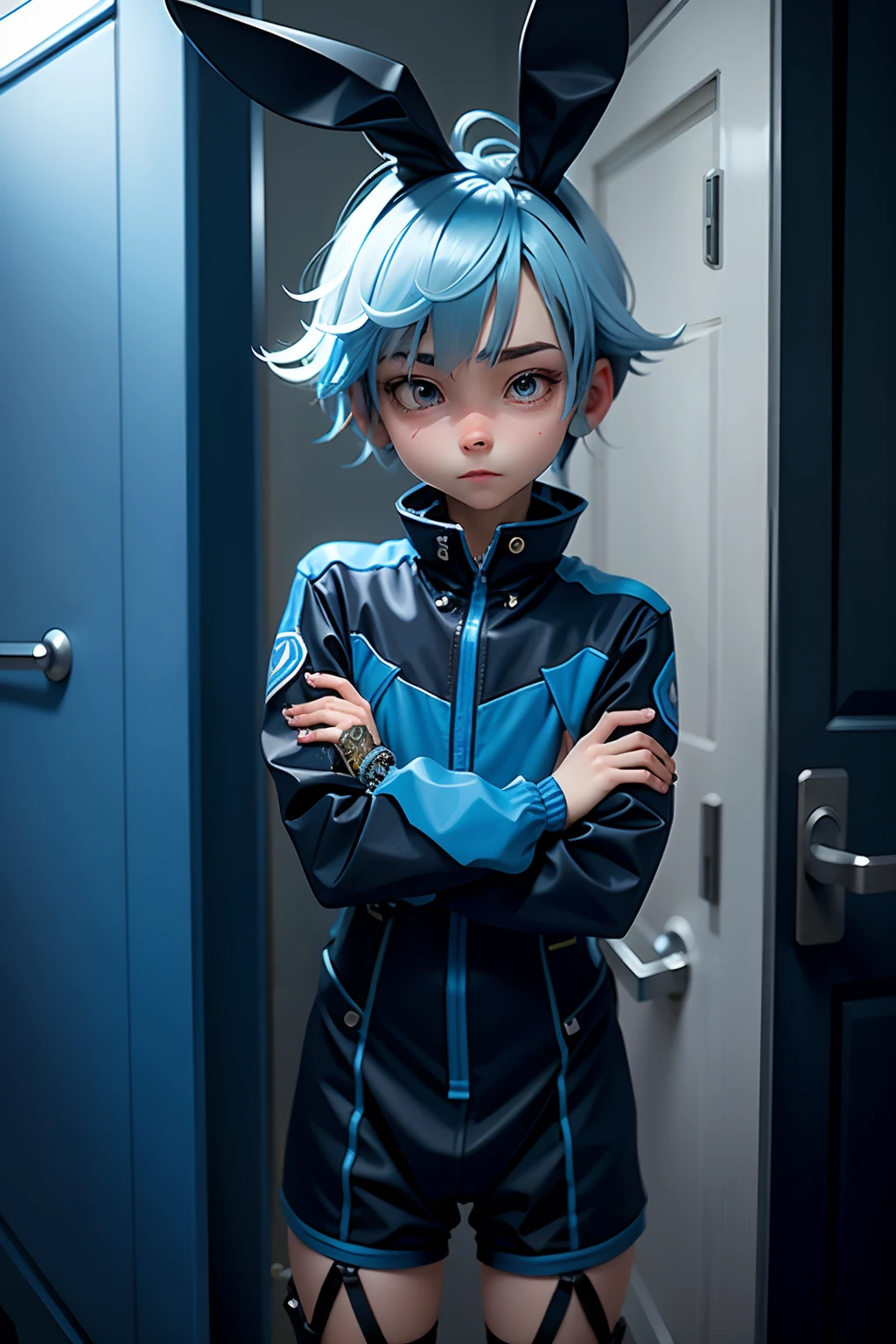 loli bunny boy, 2bunny ears, half robot, blue hair color, dark room with door, formal rhalf obotic suit, poser
