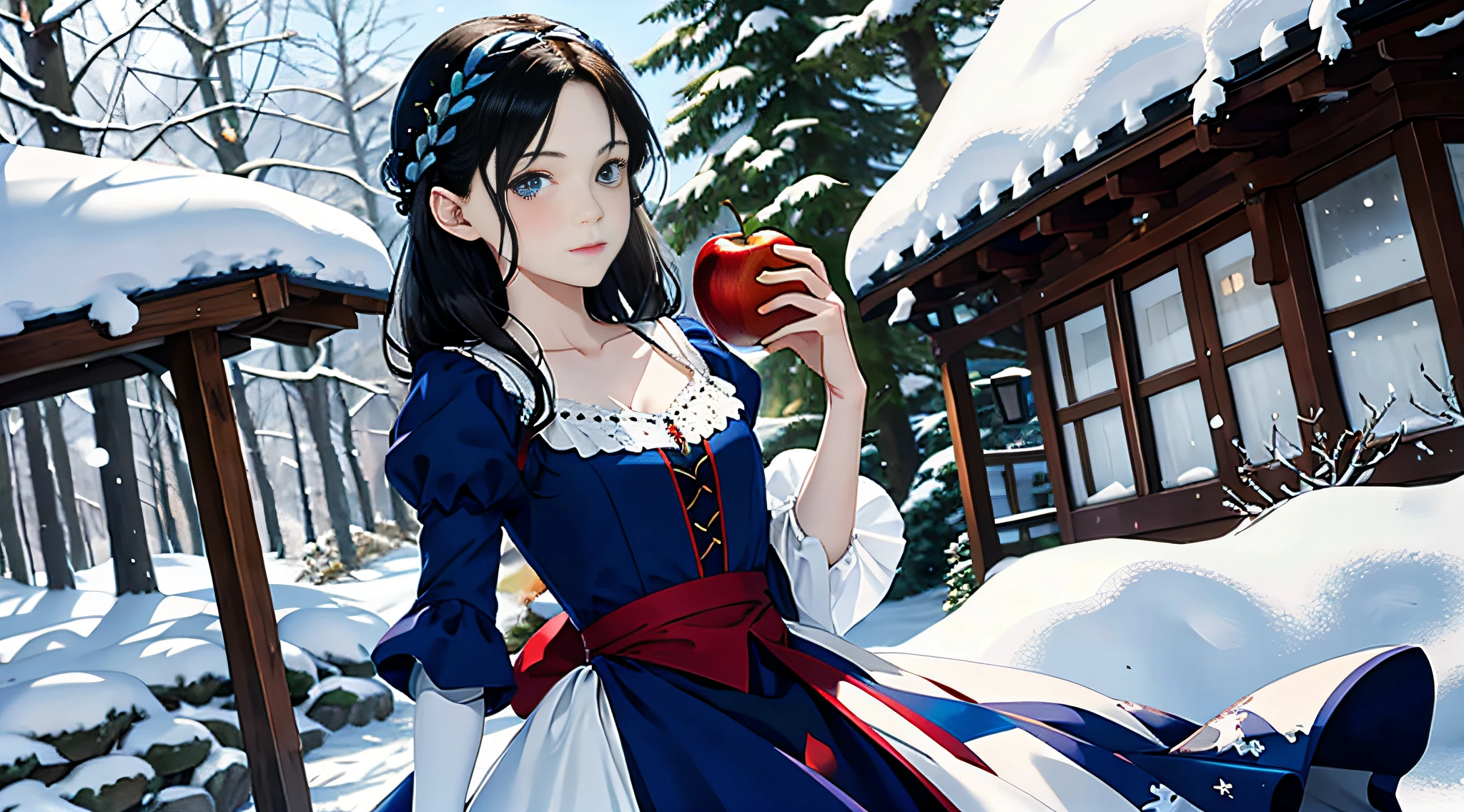 Snow White, 14 Jahre, Schwarze Haare, Blue White Dress, rote Wangen, Apfel, Apfel in Hand, Braune Augen, Niedlich, im Wald