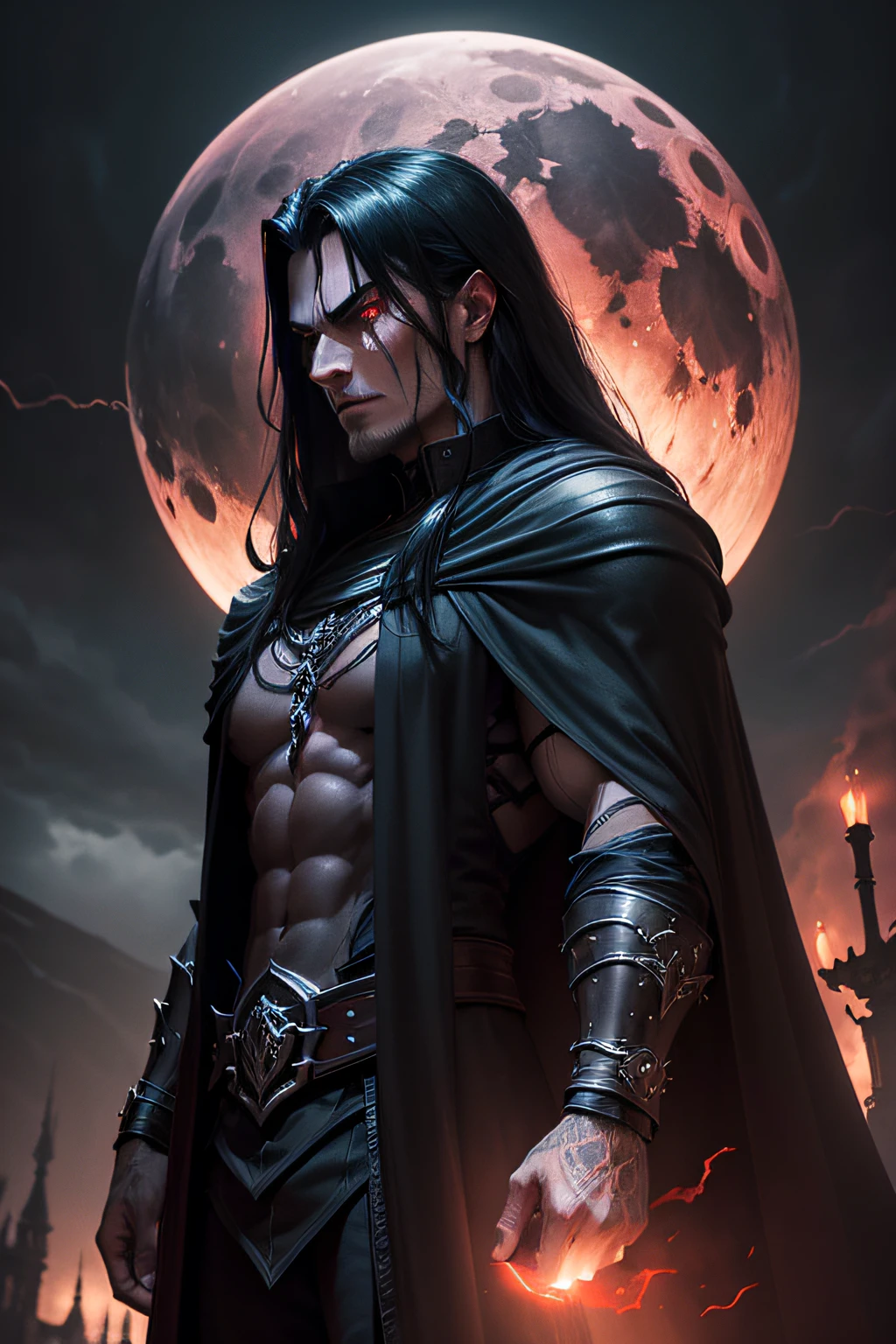 a dark muscular male evil lord, long flowing black hair, black and red cloak, piercing red eyes, menacing expression, powerful aura, standing in a dimly lit chamber,, casting eerie shadows, , adorned with intricate details, with a sinister grin, exuding an aura of darkness, with an intimidating presence, in a gothic castle, with imposing architecture, shrouded in mist, under a blood-red moon, with a storm brewing in the background, creating a foreboding atmosphere, reminiscent of a dark fantasy novel cover, with a dramatic lighting, emphasizing the contrast between light and shadow, evoking a sense of mystery and danger, with a touch of supernatural elements and captivating artistry."